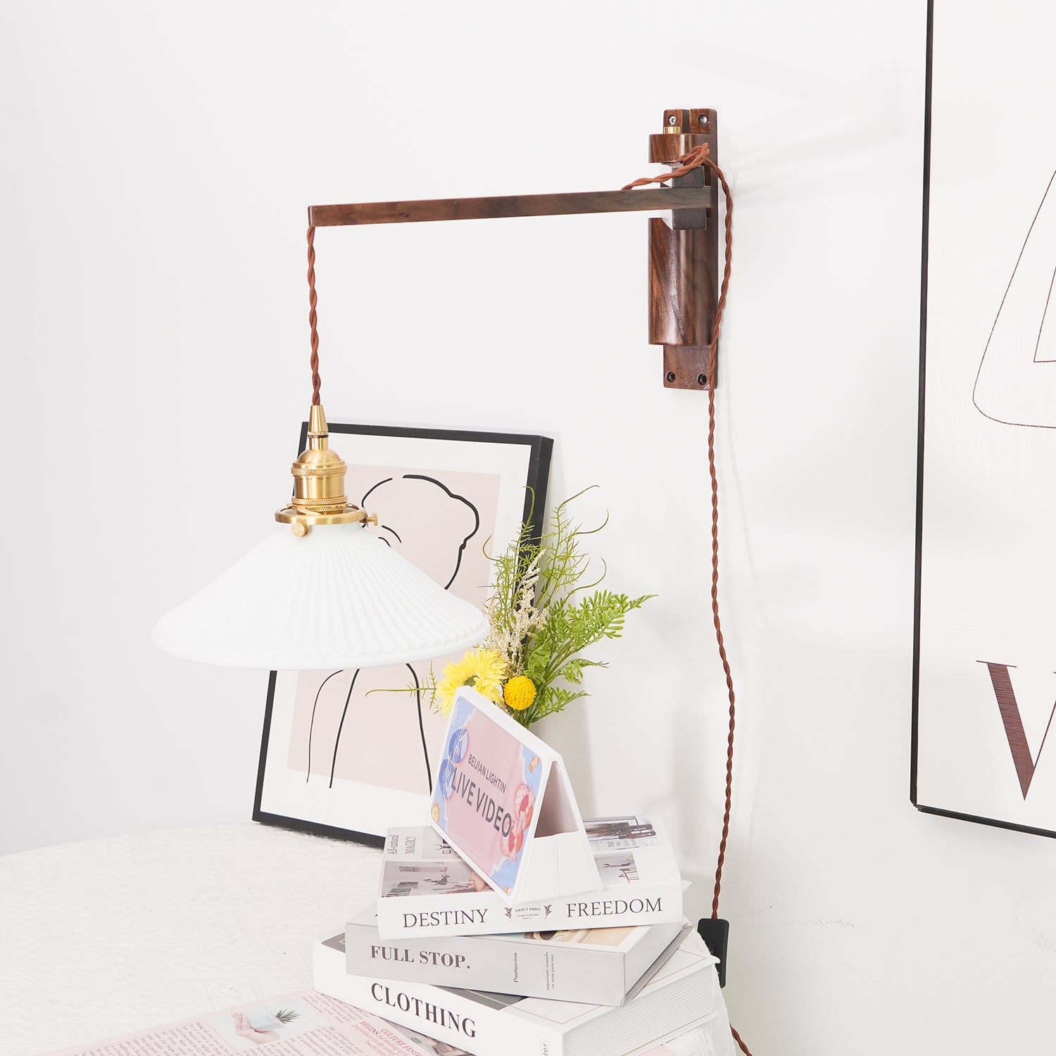 Walnut Swing Arm Wall Light | White Pleated Ceramic Shade | Adjustable Design