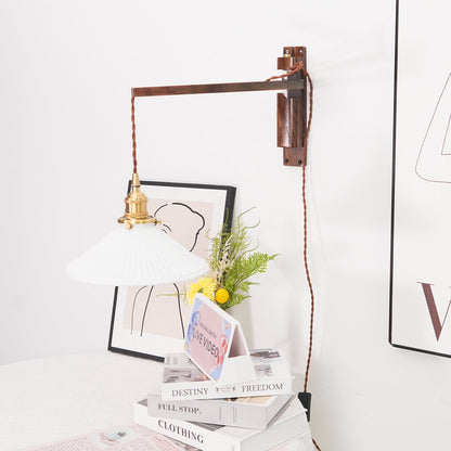 Walnut Swing Arm Wall Light | White Pleated Ceramic Shade | Adjustable Design