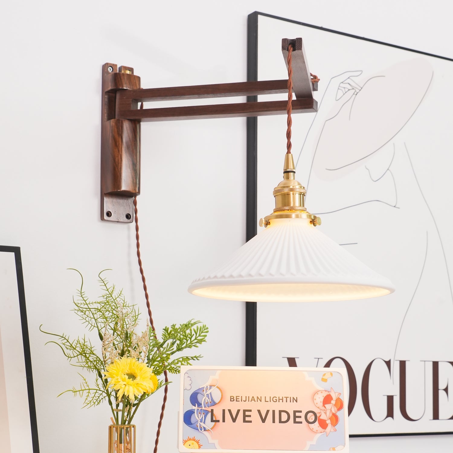 Walnut Swing Arm Wall Light | White Pleated Ceramic Shade | Adjustable Design