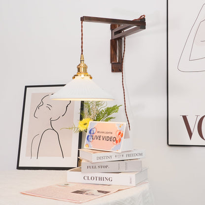 Walnut Swing Arm Wall Light | White Pleated Ceramic Shade | Adjustable Design