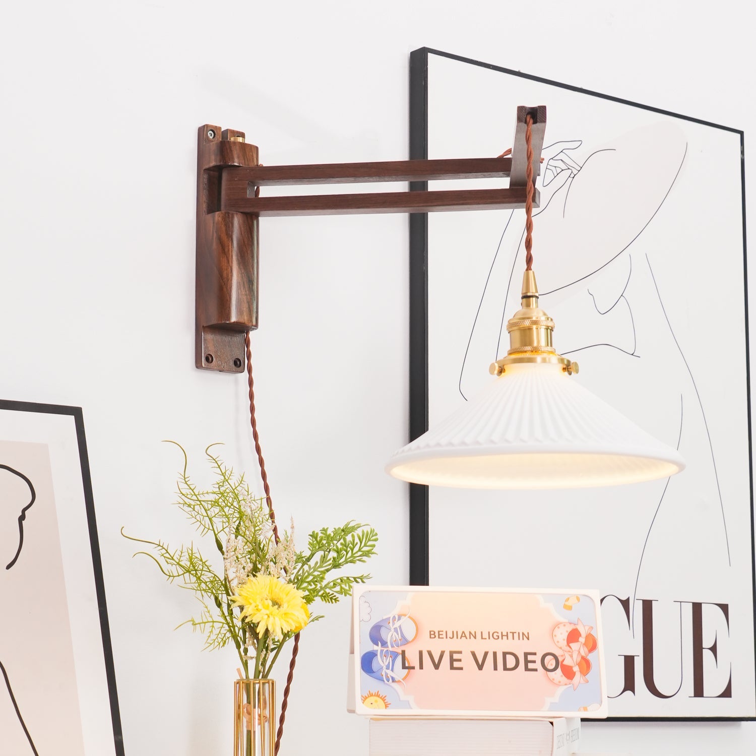 Walnut Swing Arm Wall Light | White Pleated Ceramic Shade | Adjustable Design