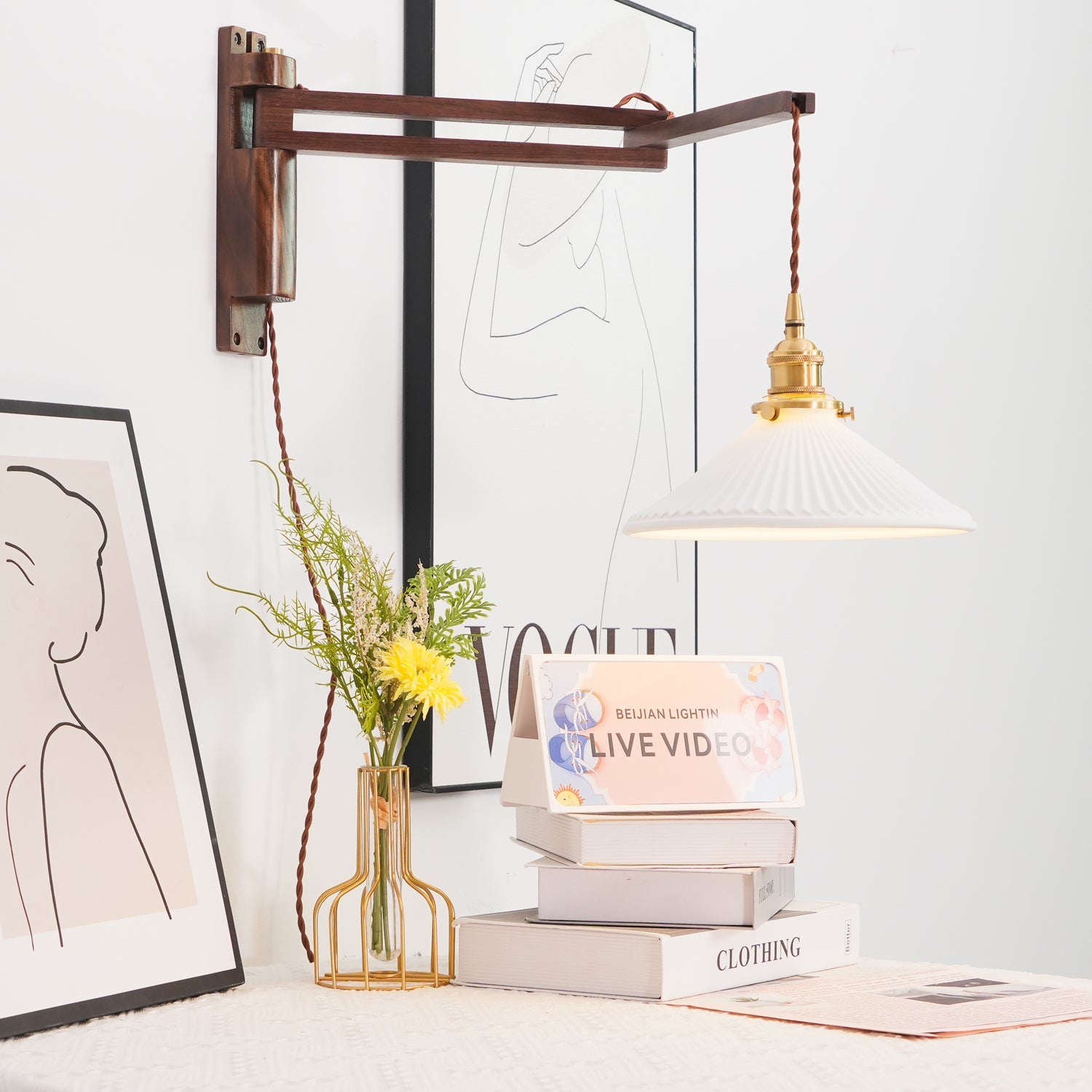Walnut Swing Arm Wall Light | White Pleated Ceramic Shade | Adjustable Design