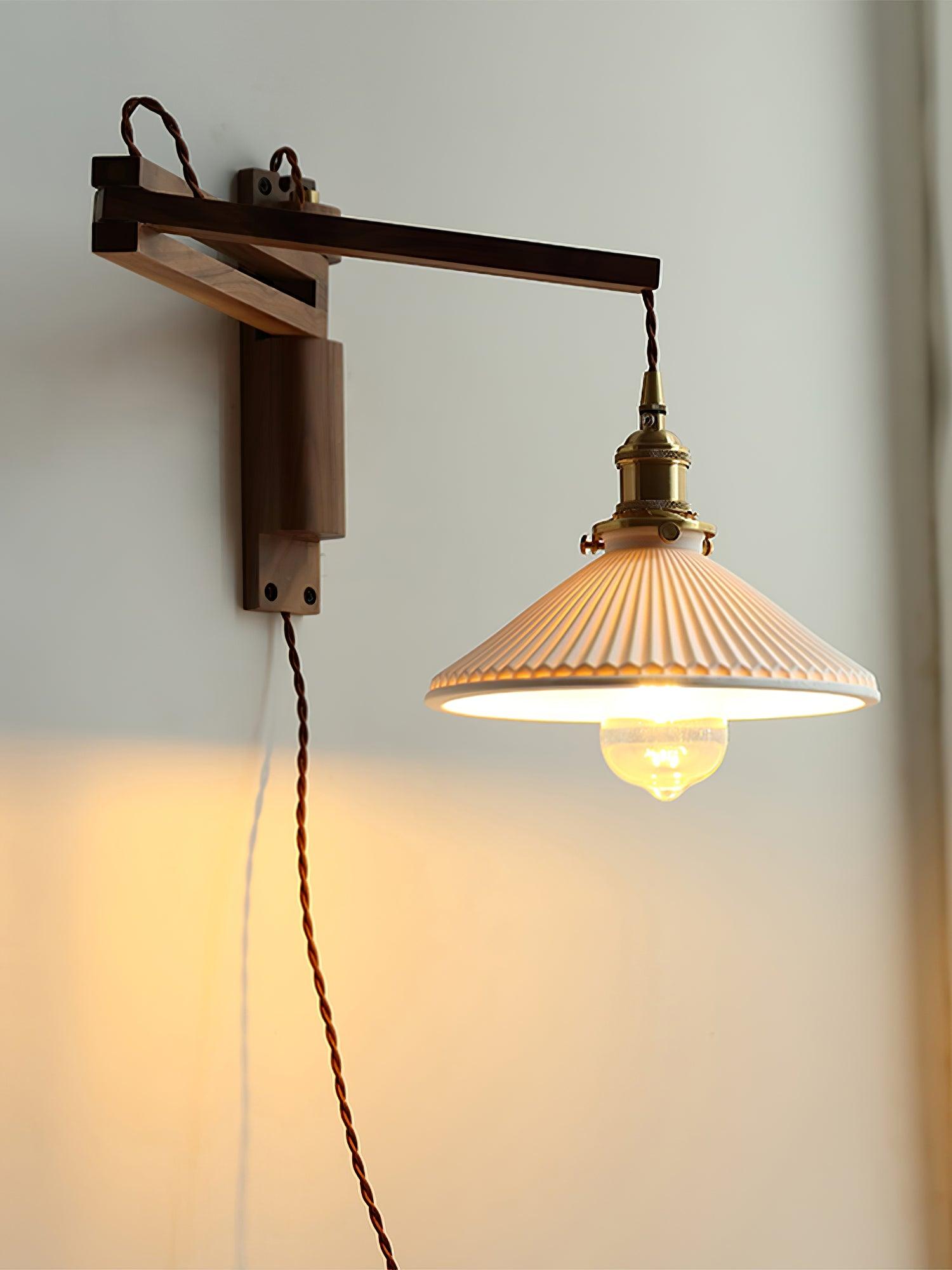 Walnut Swing Arm Wall Light | White Pleated Ceramic Shade | Adjustable Design