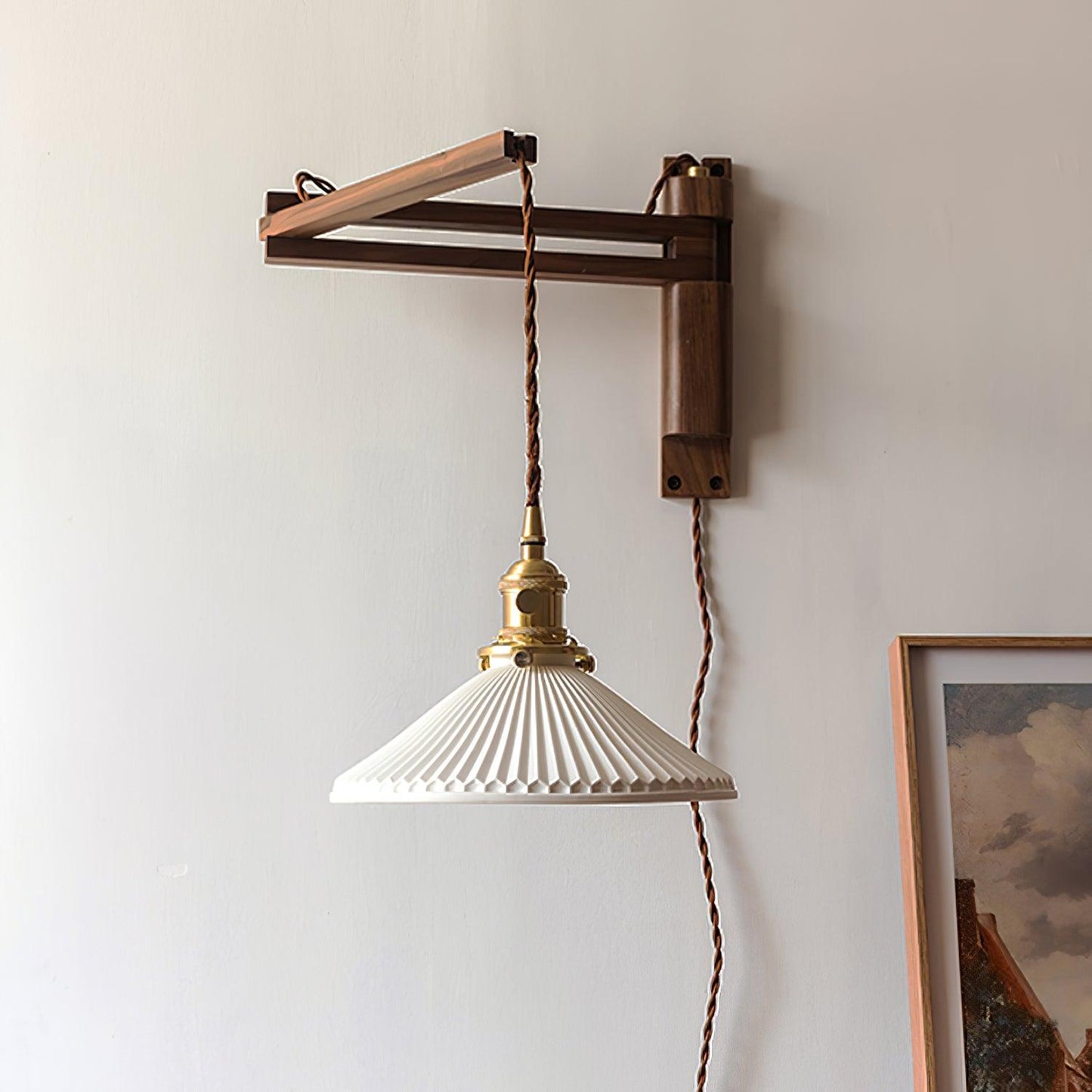 Walnut Swing Arm Wall Light | White Pleated Ceramic Shade | Adjustable Design