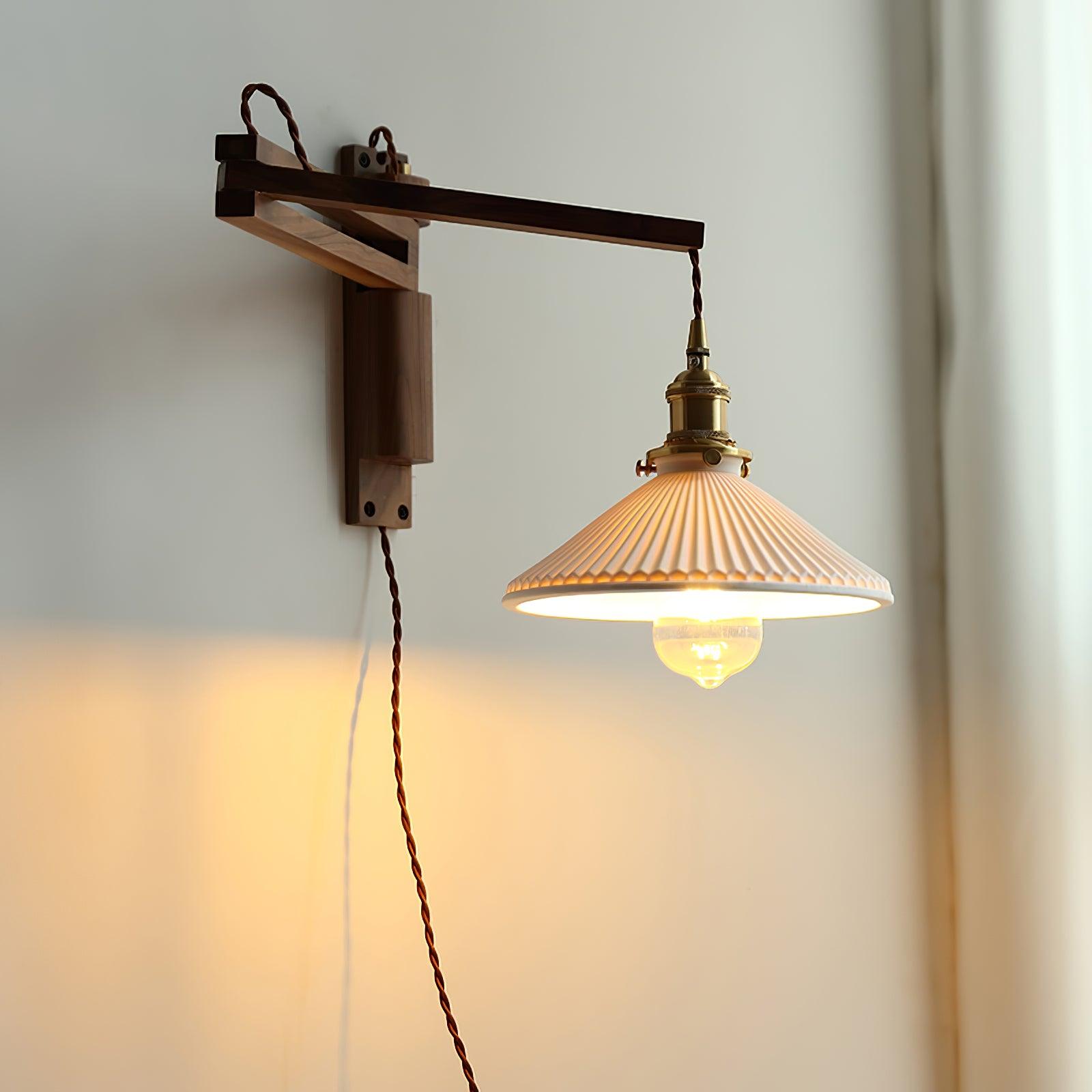 Walnut Swing Arm Wall Light | White Pleated Ceramic Shade | Adjustable Design