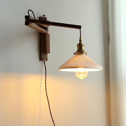Walnut Swing Arm Wall Light | White Pleated Ceramic Shade | Adjustable Design