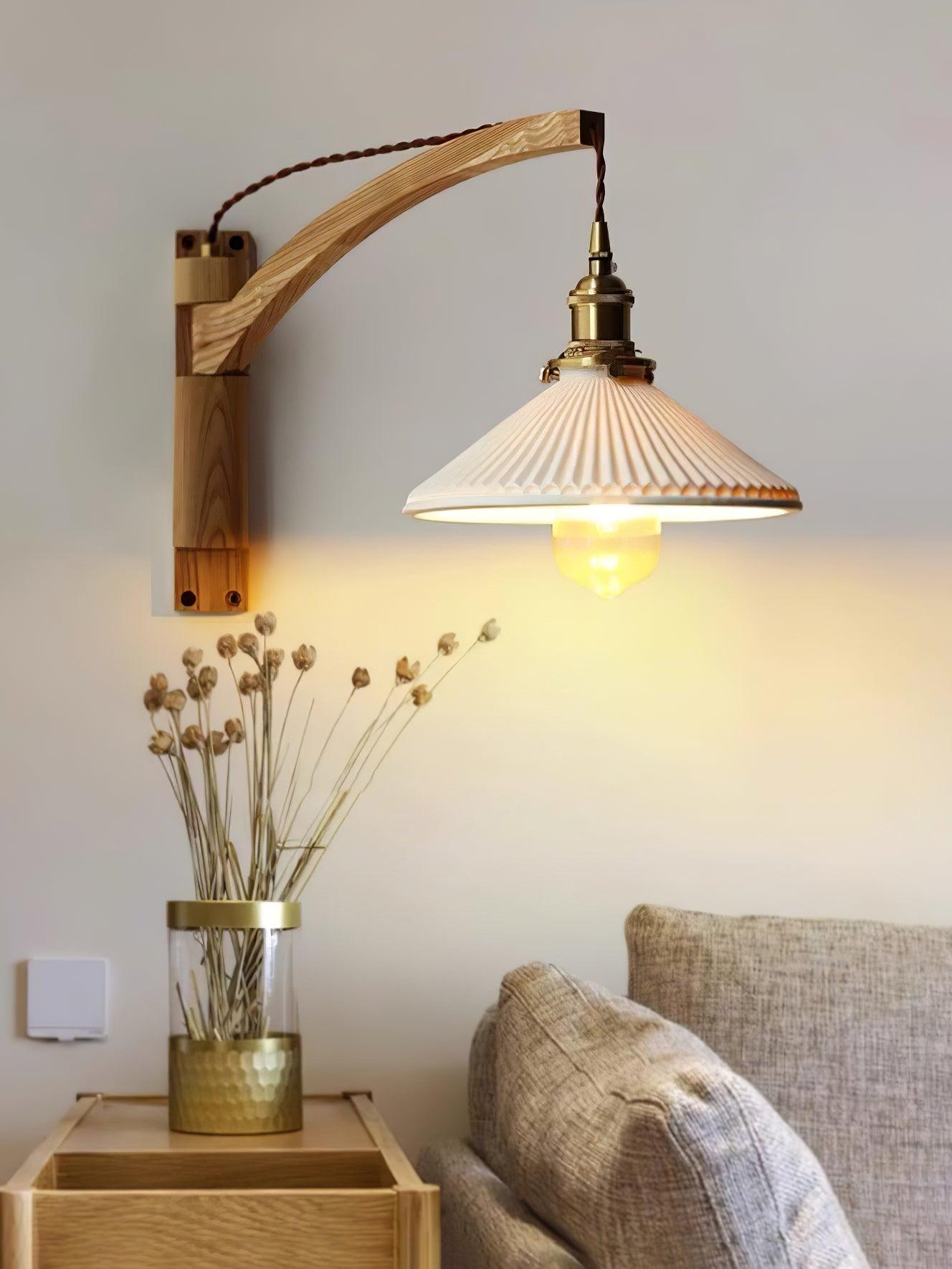 Walnut Swing Arm Wall Light | White Pleated Ceramic Shade | Adjustable Design