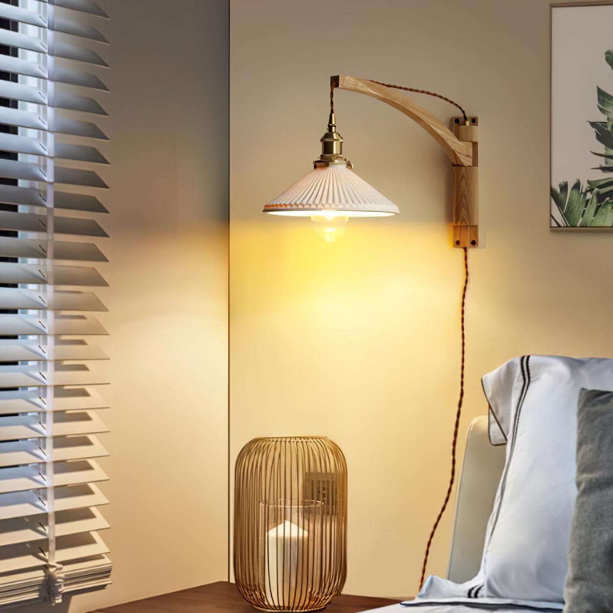 Walnut Swing Arm Wall Light | White Pleated Ceramic Shade | Adjustable Design