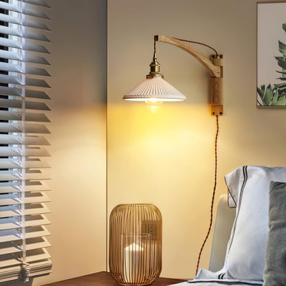 Walnut Swing Arm Wall Light | White Pleated Ceramic Shade | Adjustable Design