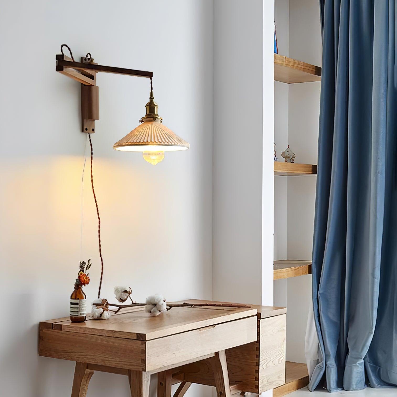 Walnut Swing Arm Wall Light | White Pleated Ceramic Shade | Adjustable Design
