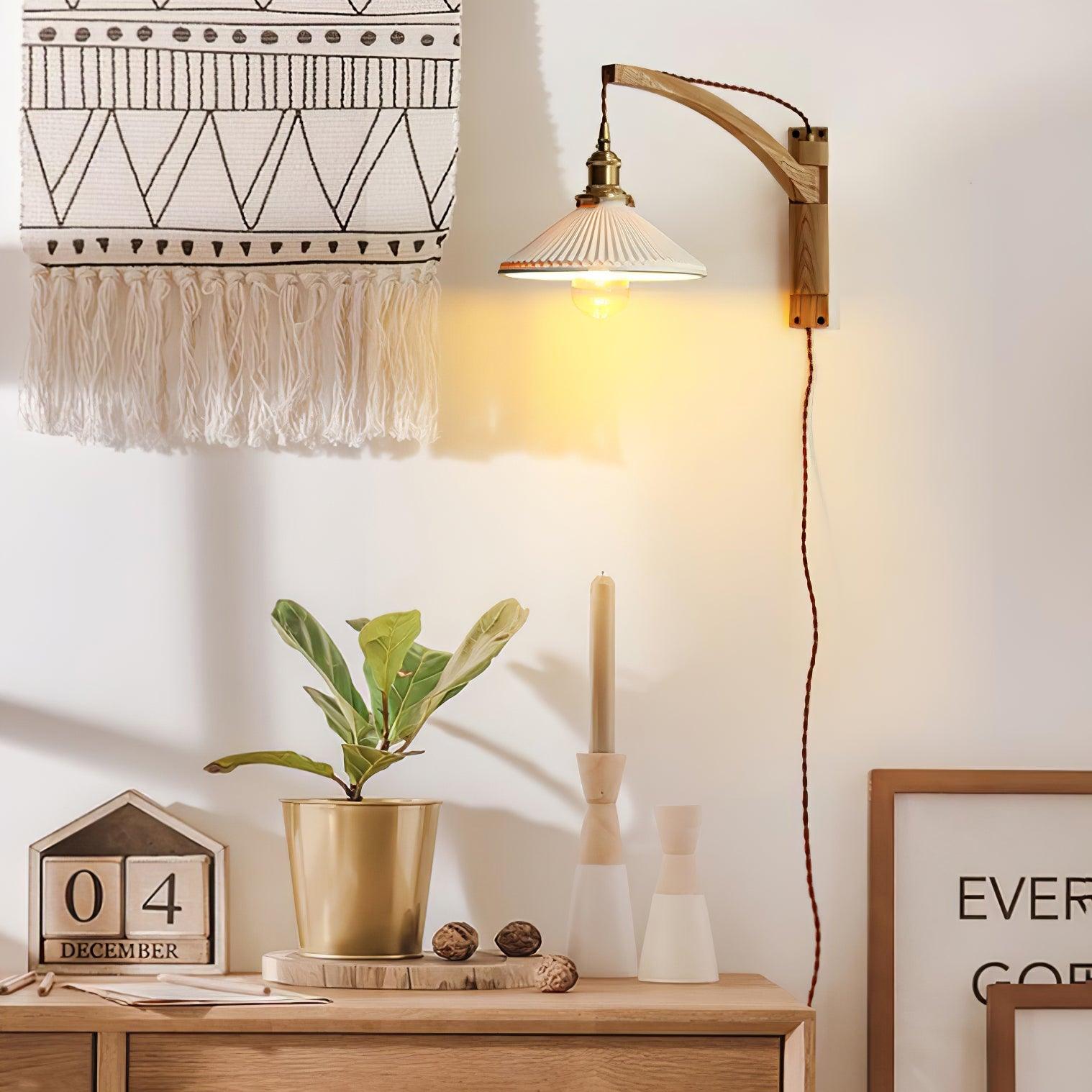 Walnut Swing Arm Wall Light | White Pleated Ceramic Shade | Adjustable Design