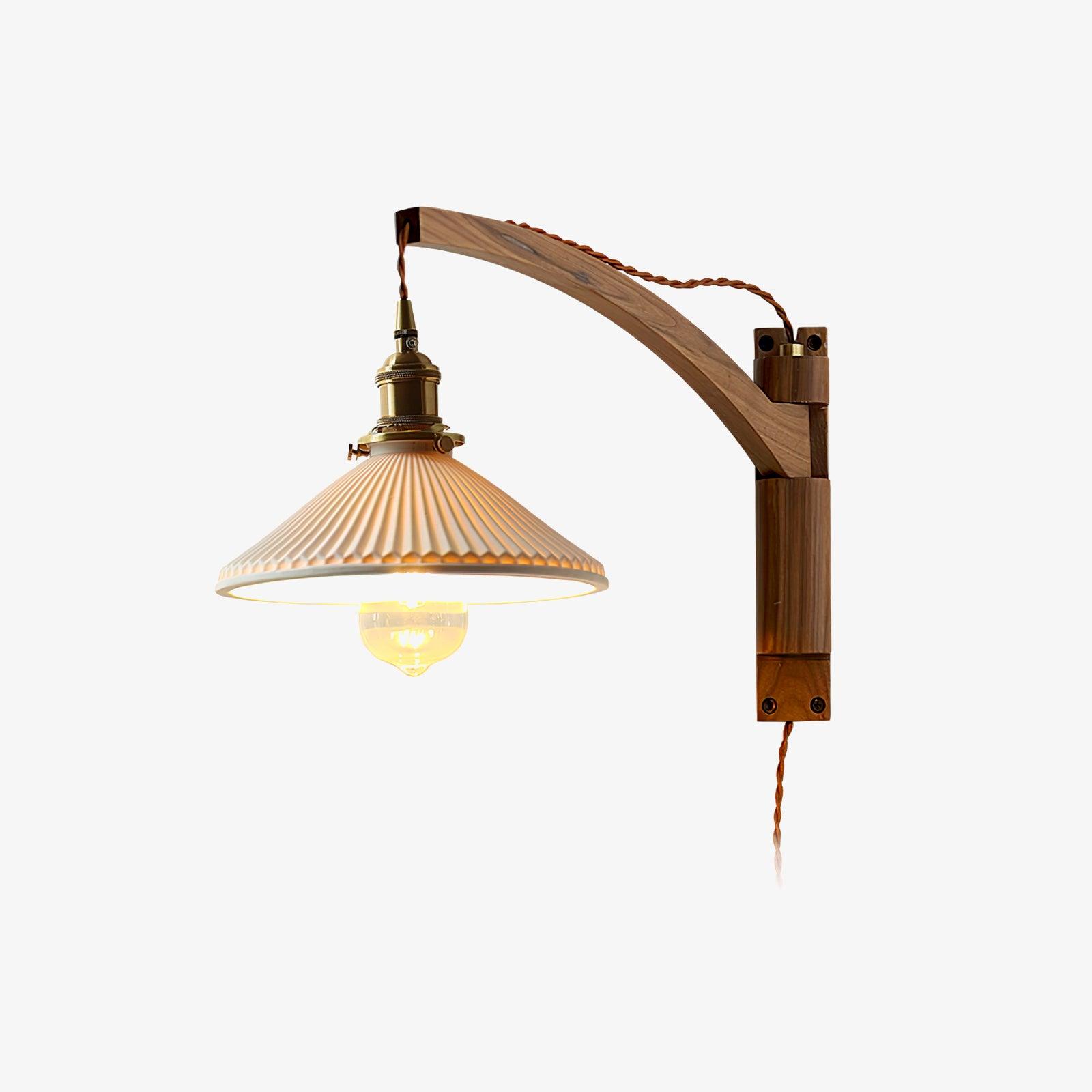Walnut Swing Arm Wall Light | White Pleated Ceramic Shade | Adjustable Design