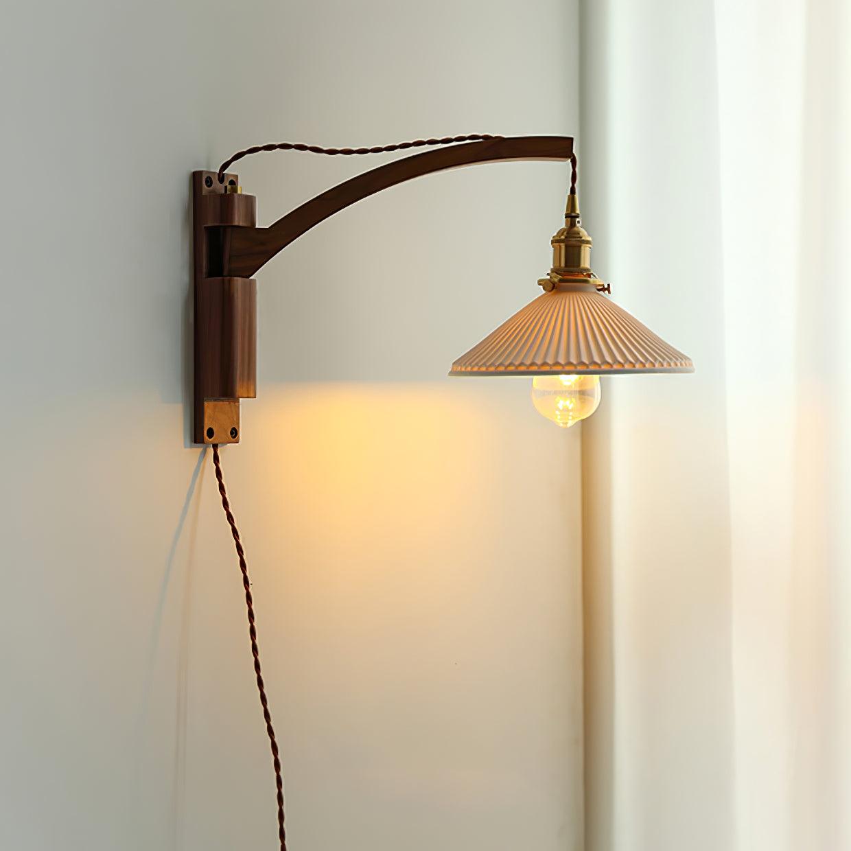 Walnut Swing Arm Wall Light | White Pleated Ceramic Shade | Adjustable Design