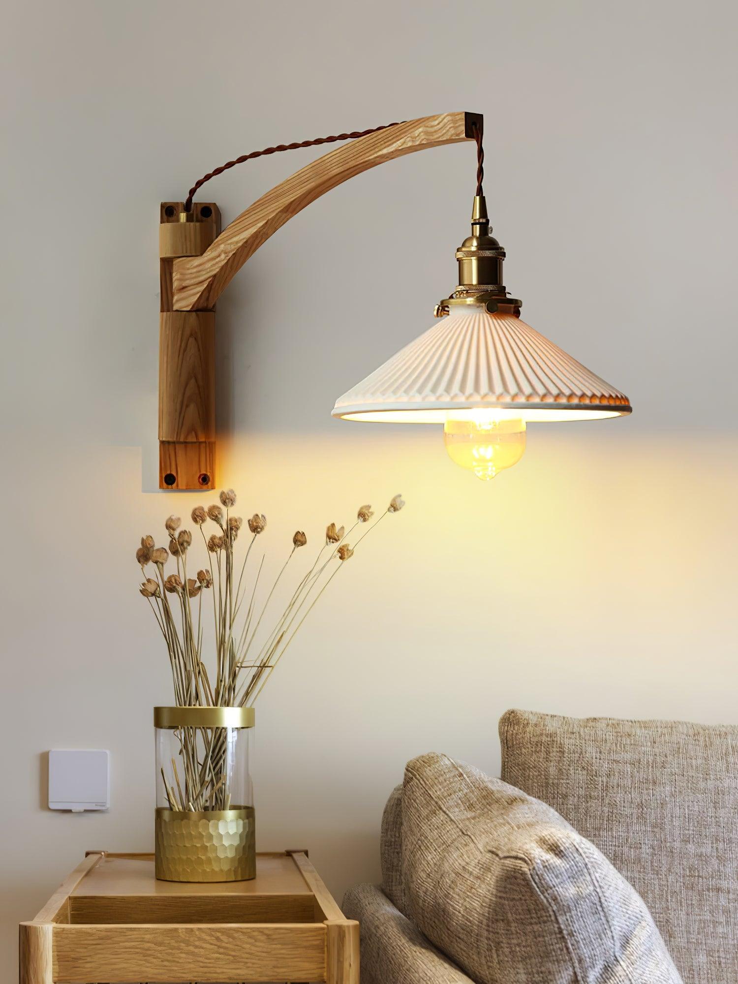 Walnut Swing Arm Wall Light | White Pleated Ceramic Shade | Adjustable Design