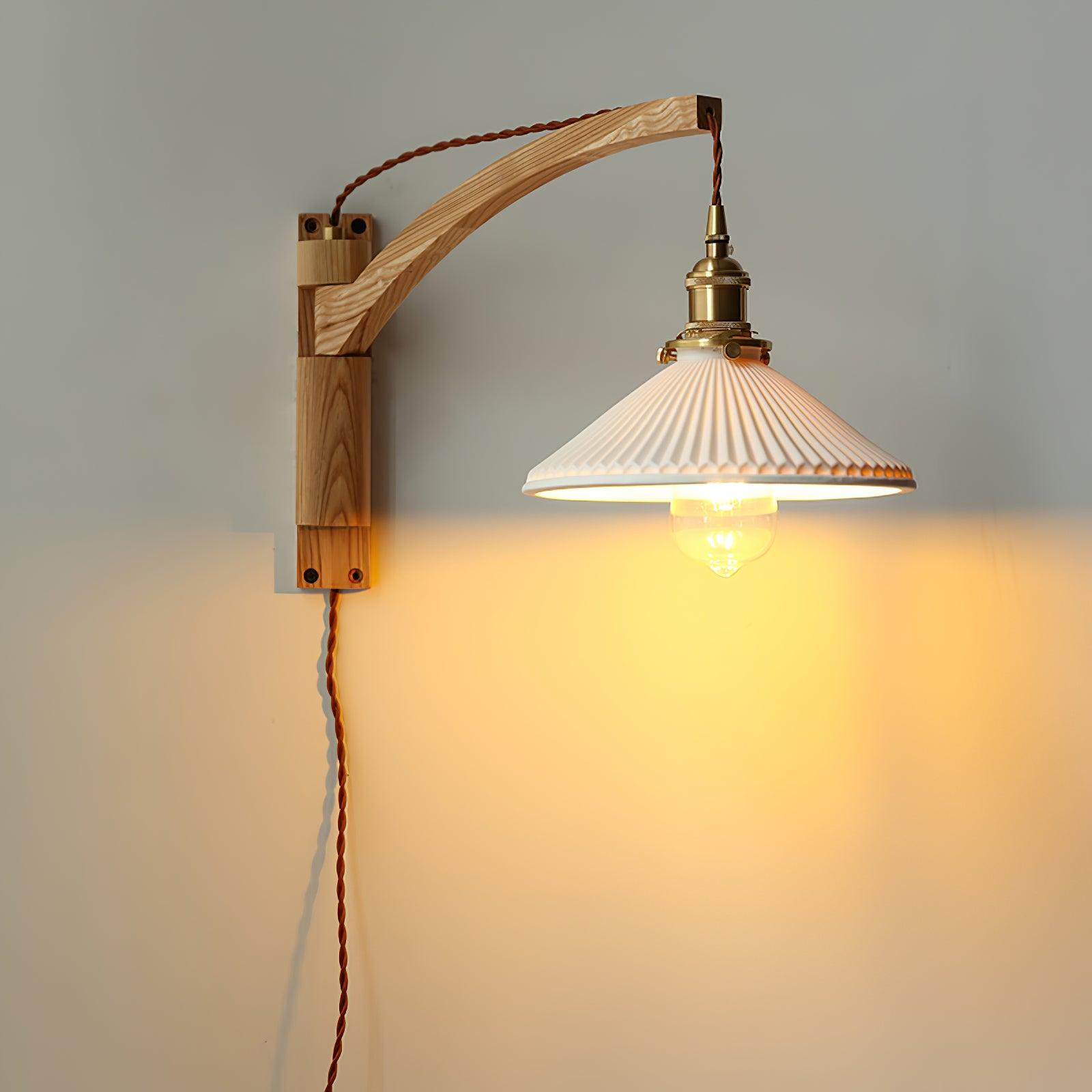 Walnut Swing Arm Wall Light | White Pleated Ceramic Shade | Adjustable Design