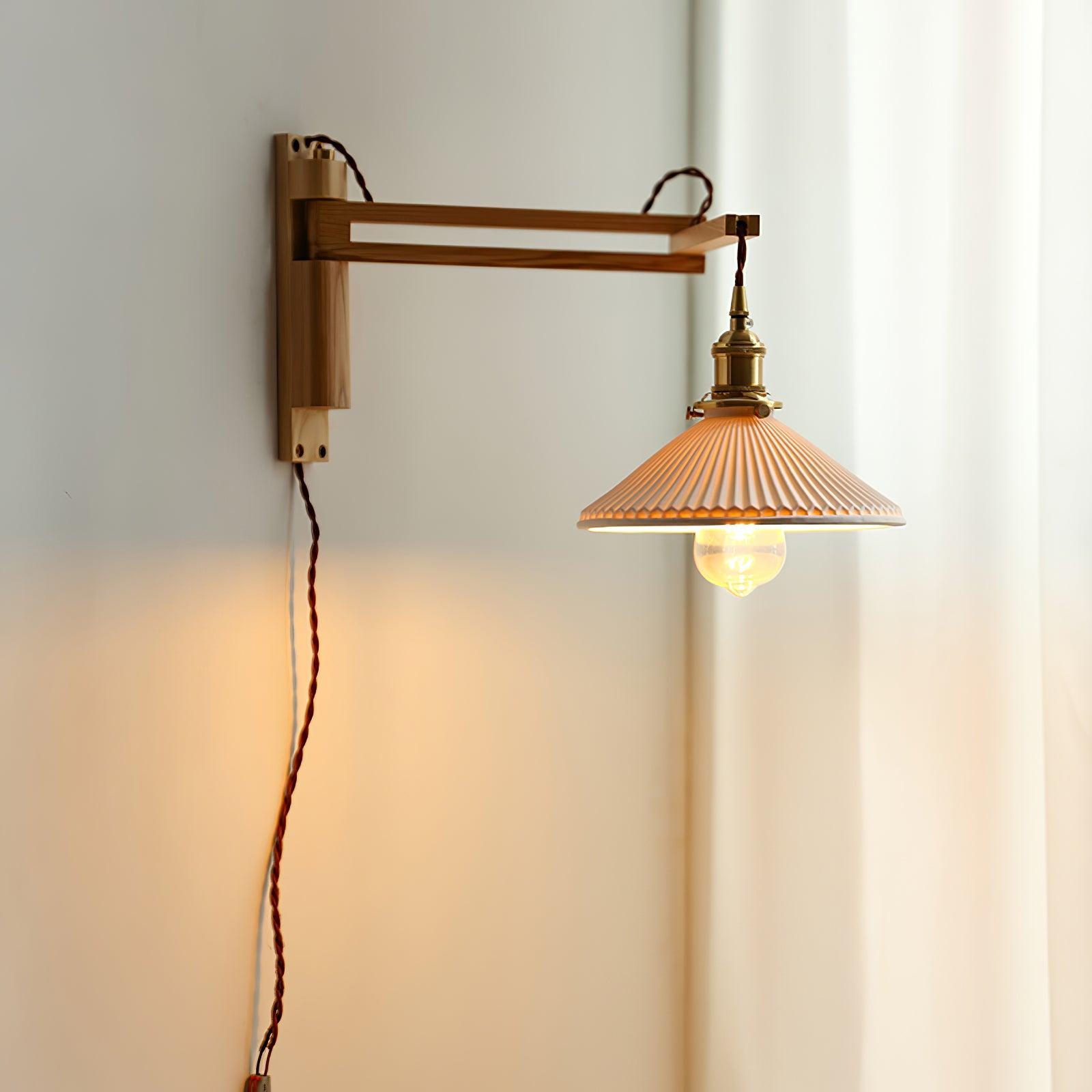 Walnut Swing Arm Wall Light | White Pleated Ceramic Shade | Adjustable Design