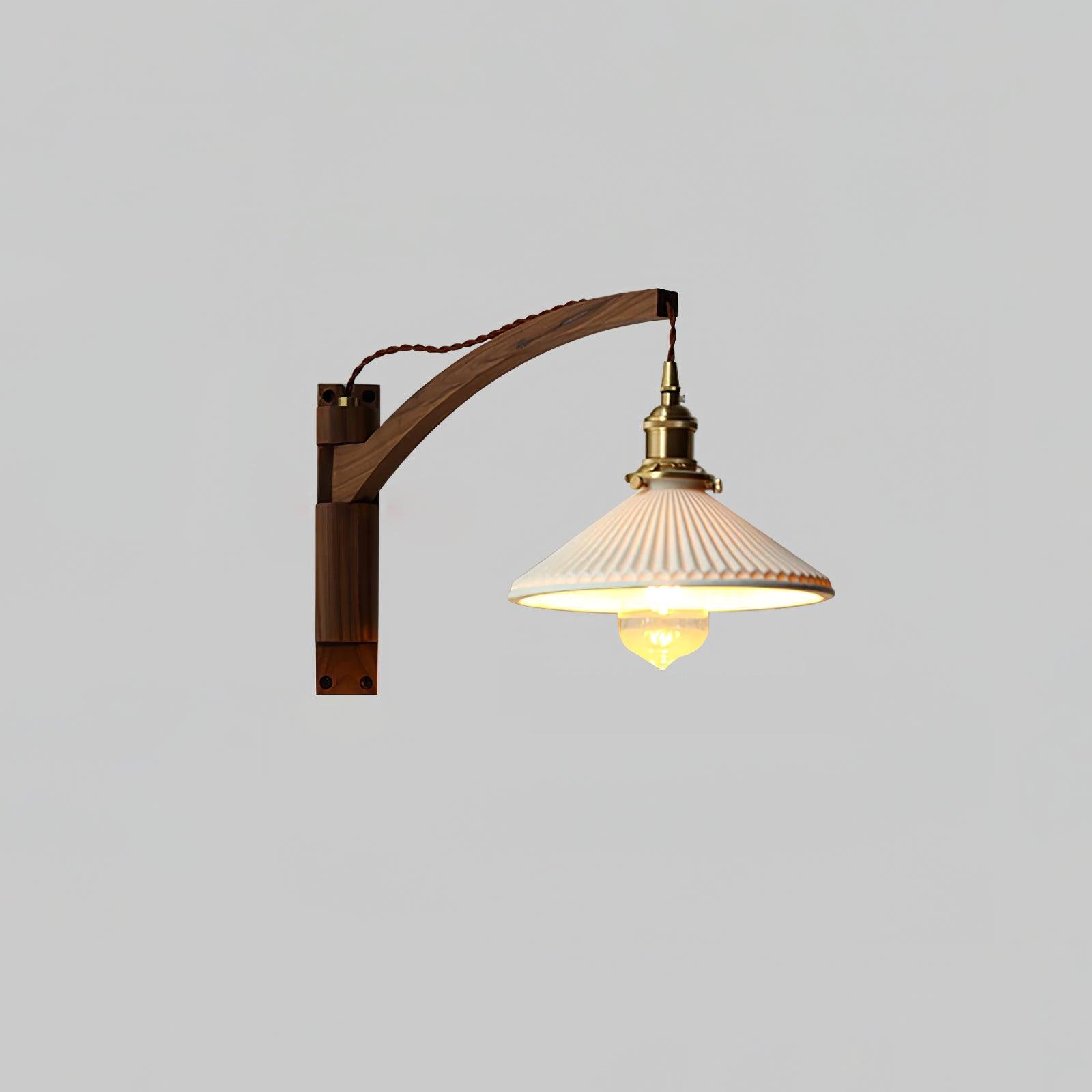 Walnut Swing Arm Wall Light | White Pleated Ceramic Shade | Adjustable Design
