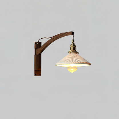 Walnut Swing Arm Wall Light | White Pleated Ceramic Shade | Adjustable Design