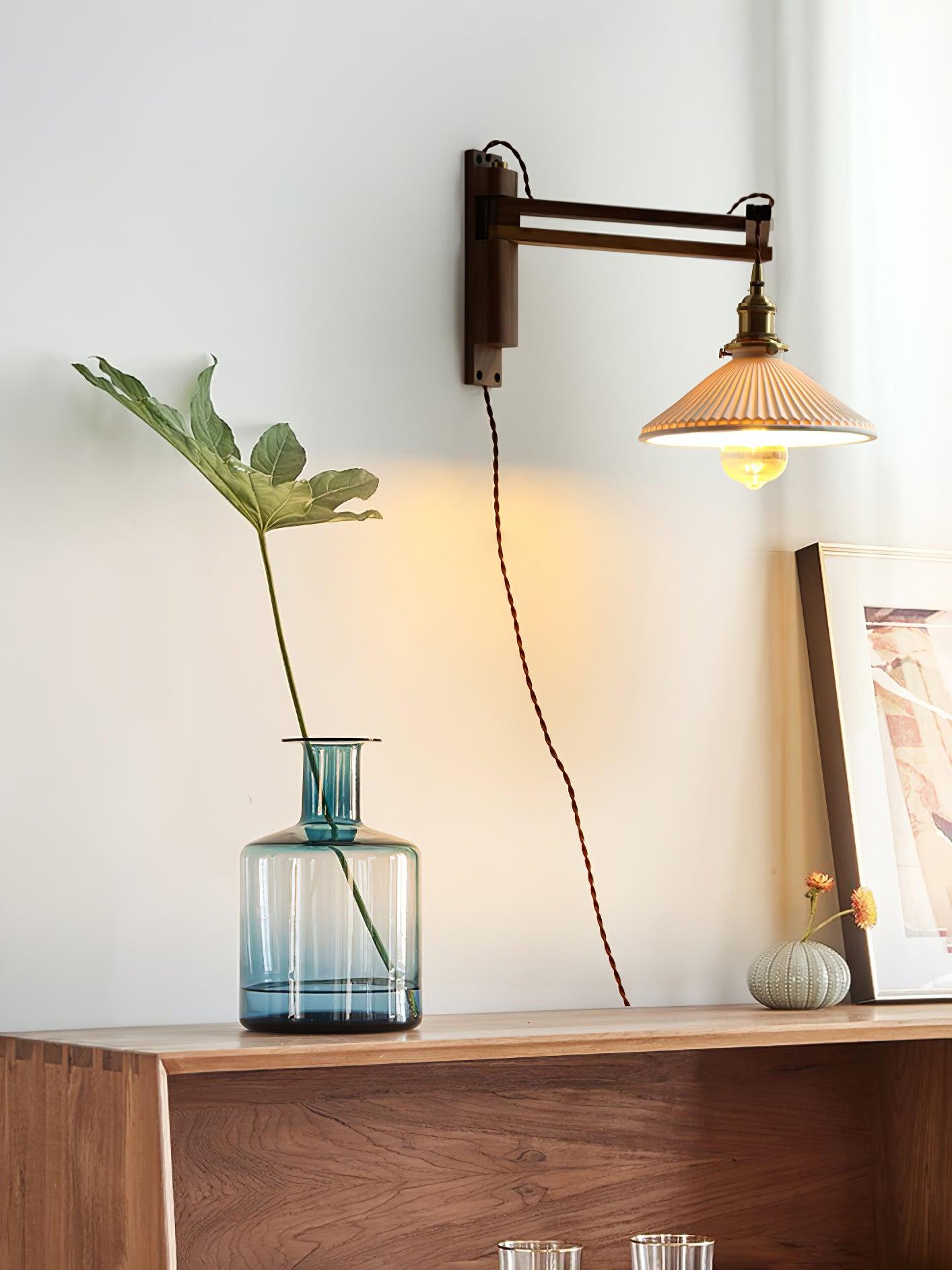 Walnut Swing Arm Wall Light | White Pleated Ceramic Shade | Adjustable Design