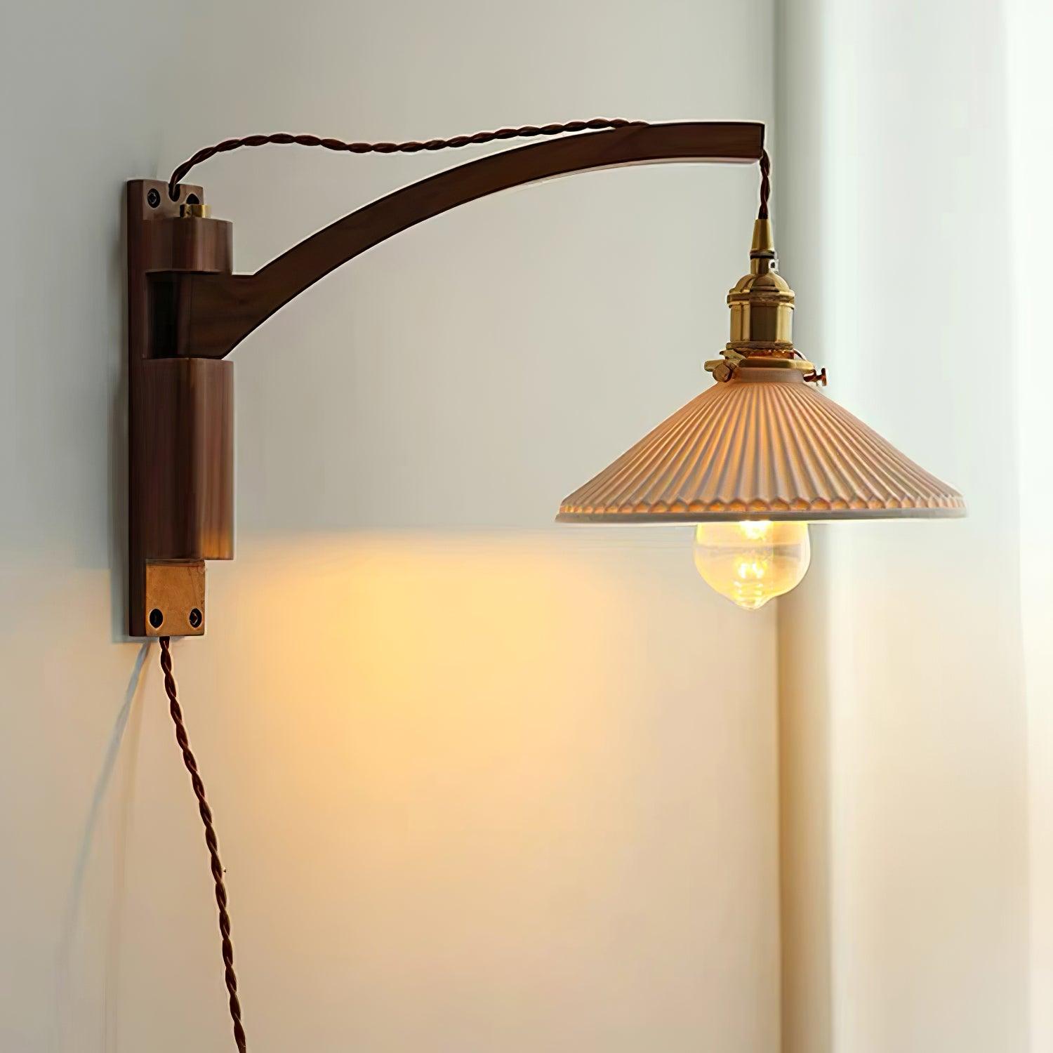 Walnut Swing Arm Wall Light | White Pleated Ceramic Shade | Adjustable Design