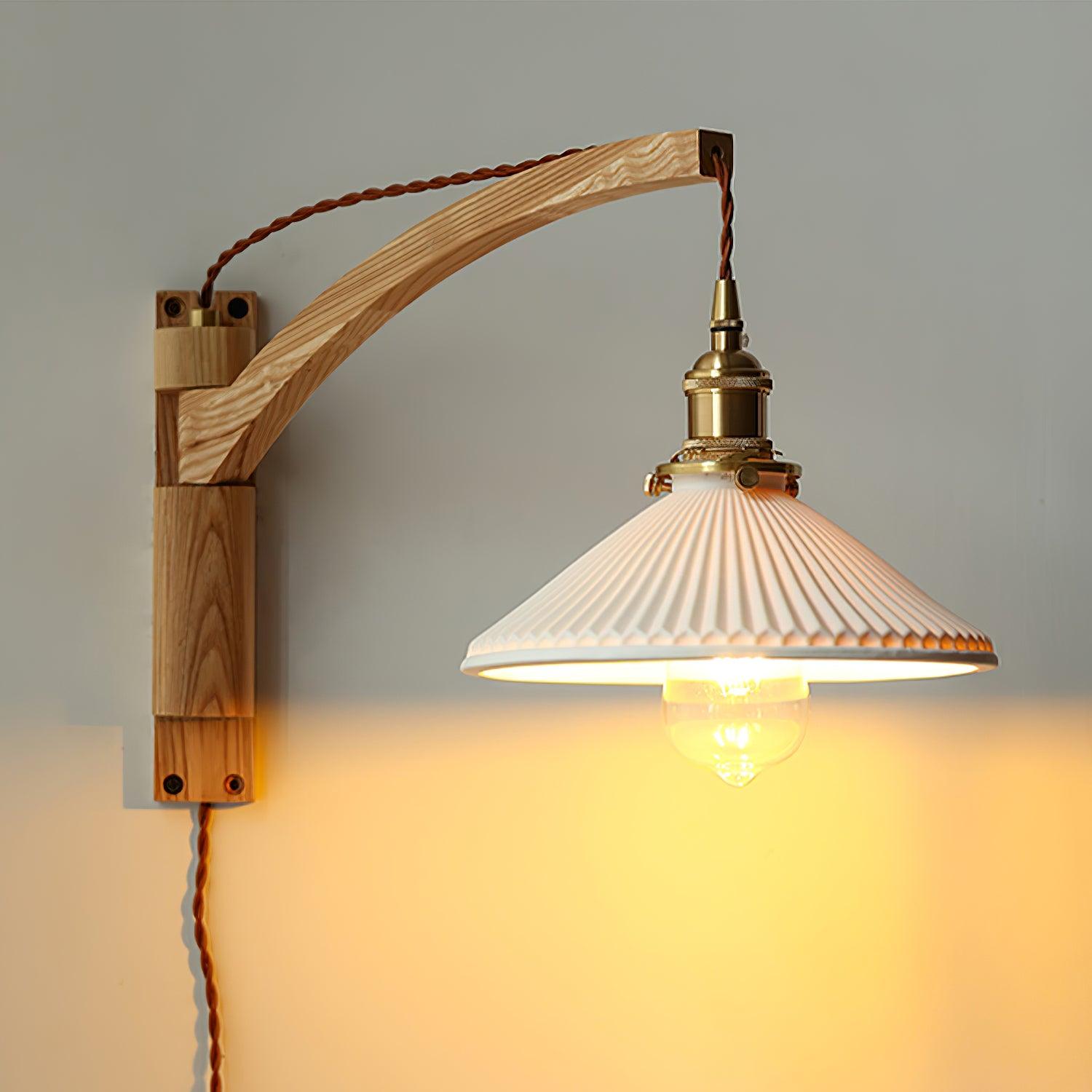 Walnut Swing Arm Wall Light | White Pleated Ceramic Shade | Adjustable Design