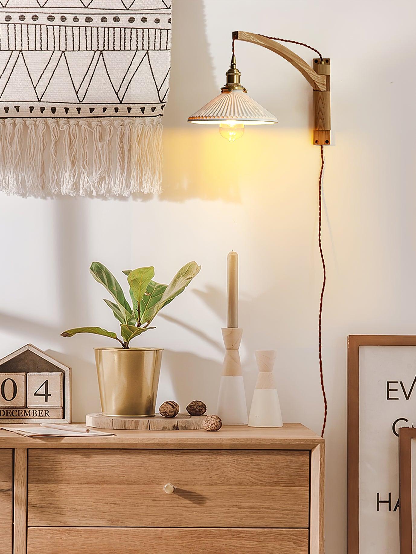 Walnut Swing Arm Wall Light | White Pleated Ceramic Shade | Adjustable Design