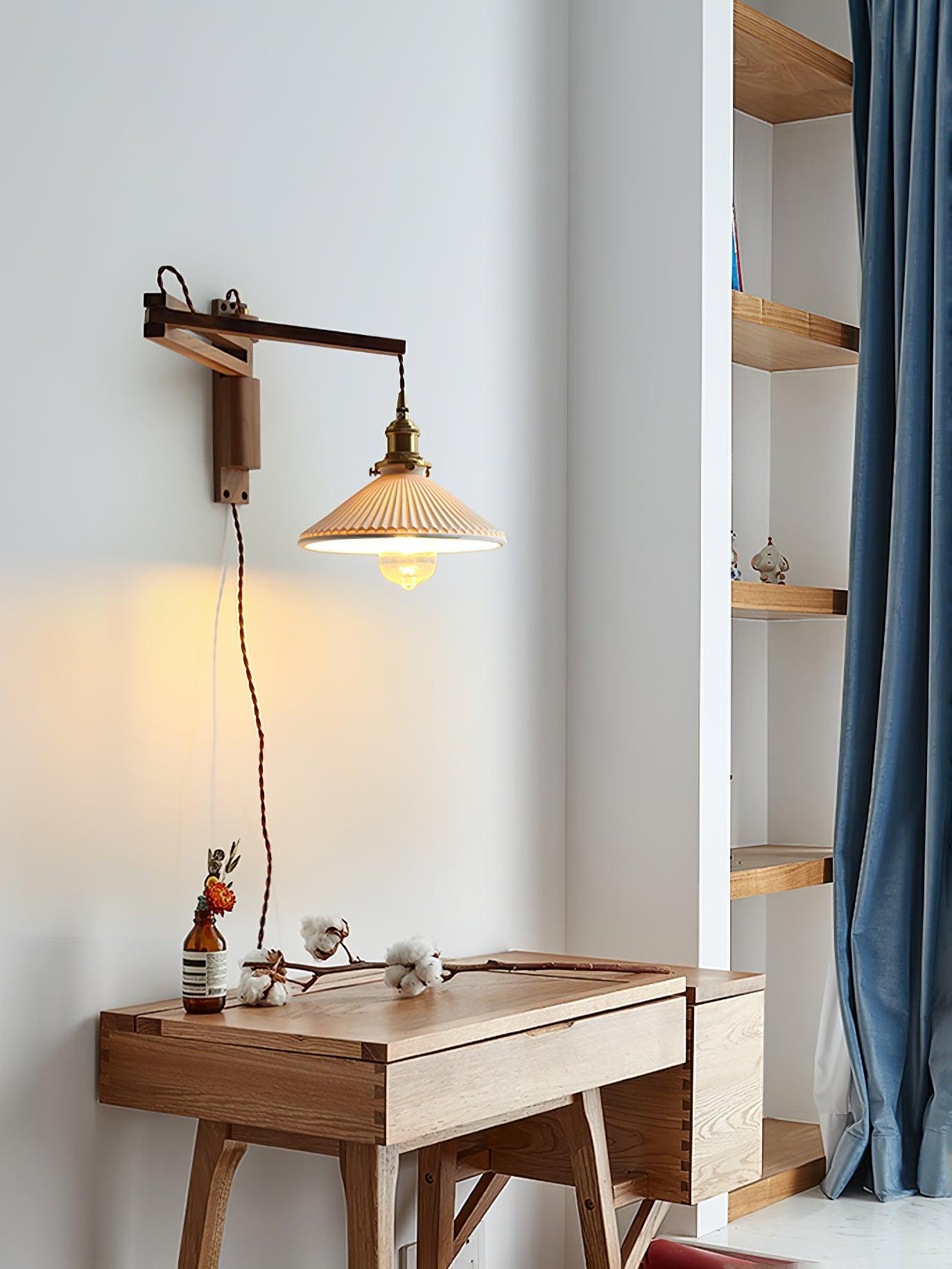 Walnut Swing Arm Wall Light | White Pleated Ceramic Shade | Adjustable Design