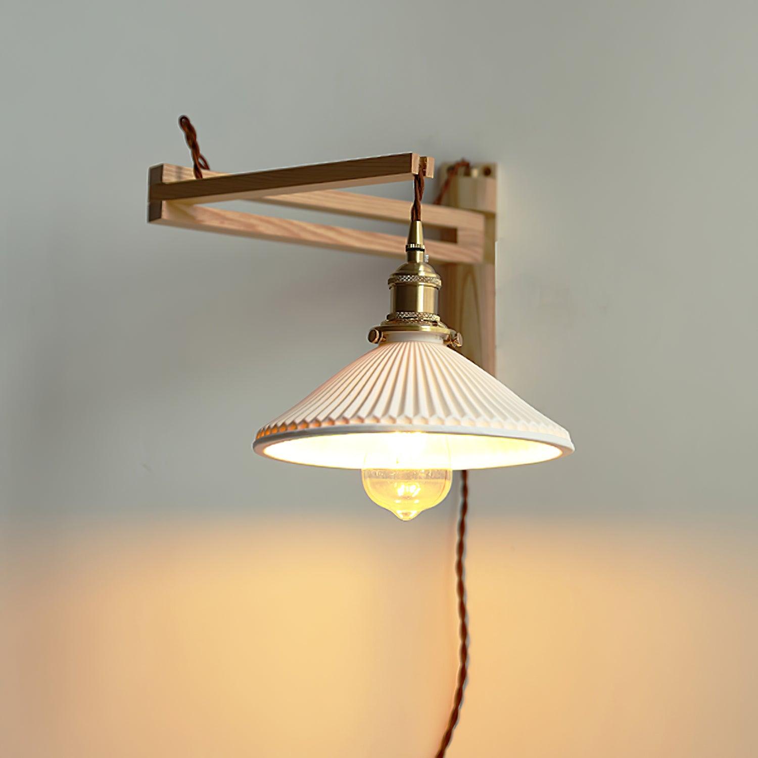 Walnut Swing Arm Wall Light | White Pleated Ceramic Shade | Adjustable Design