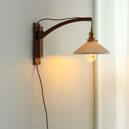 Walnut Swing Arm Wall Light | White Pleated Ceramic Shade | Adjustable Design