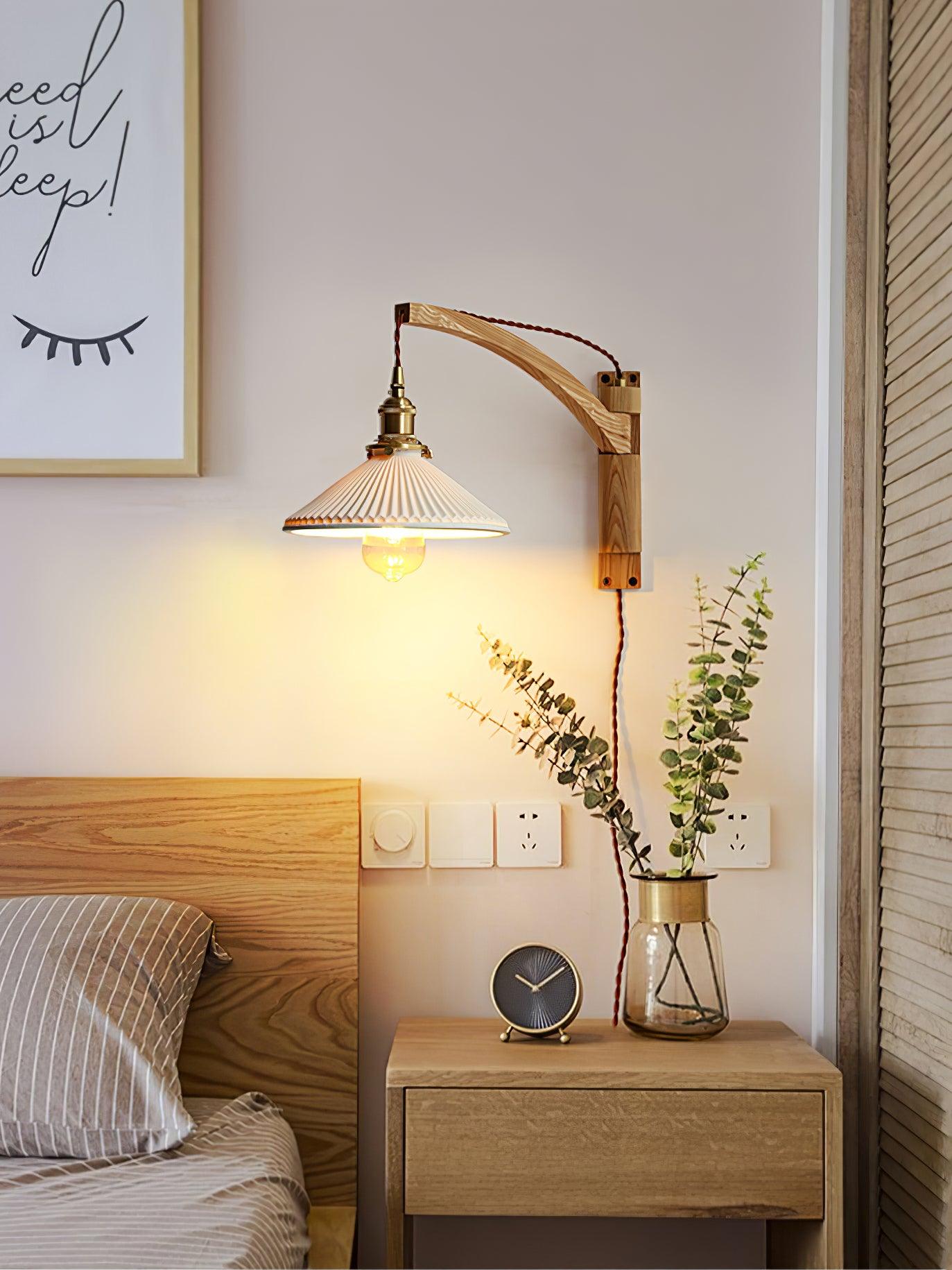 Walnut Swing Arm Wall Light | White Pleated Ceramic Shade | Adjustable Design