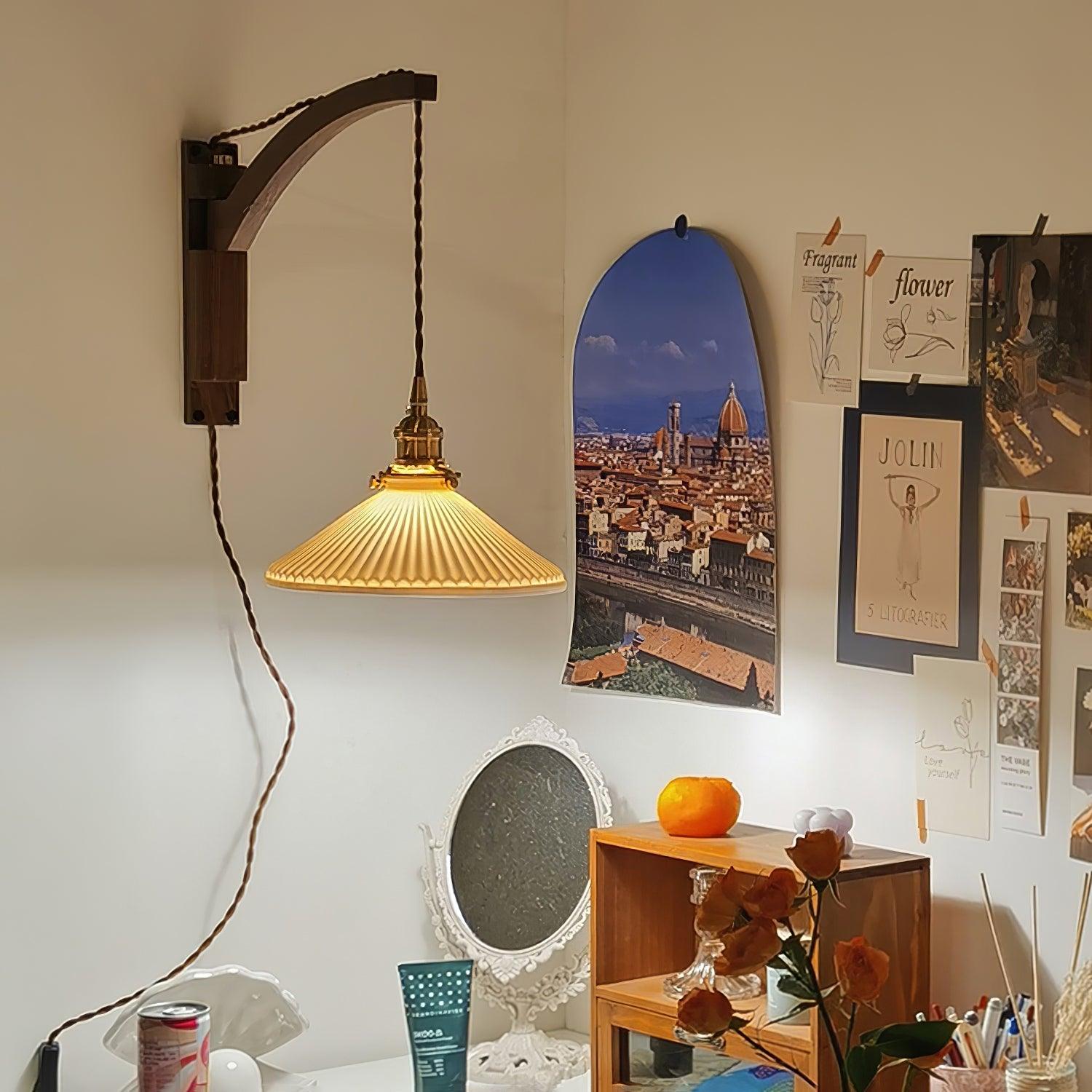 Walnut Swing Arm Wall Light | White Pleated Ceramic Shade | Adjustable Design