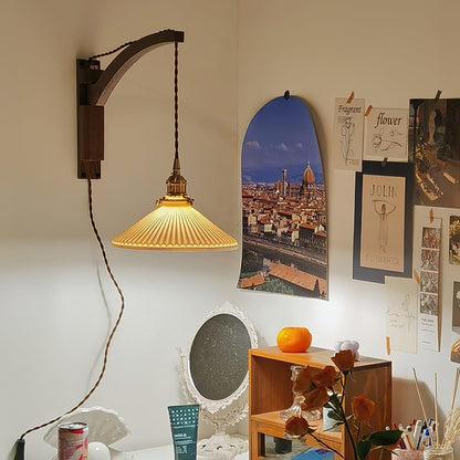 Walnut Swing Arm Wall Light | White Pleated Ceramic Shade | Adjustable Design