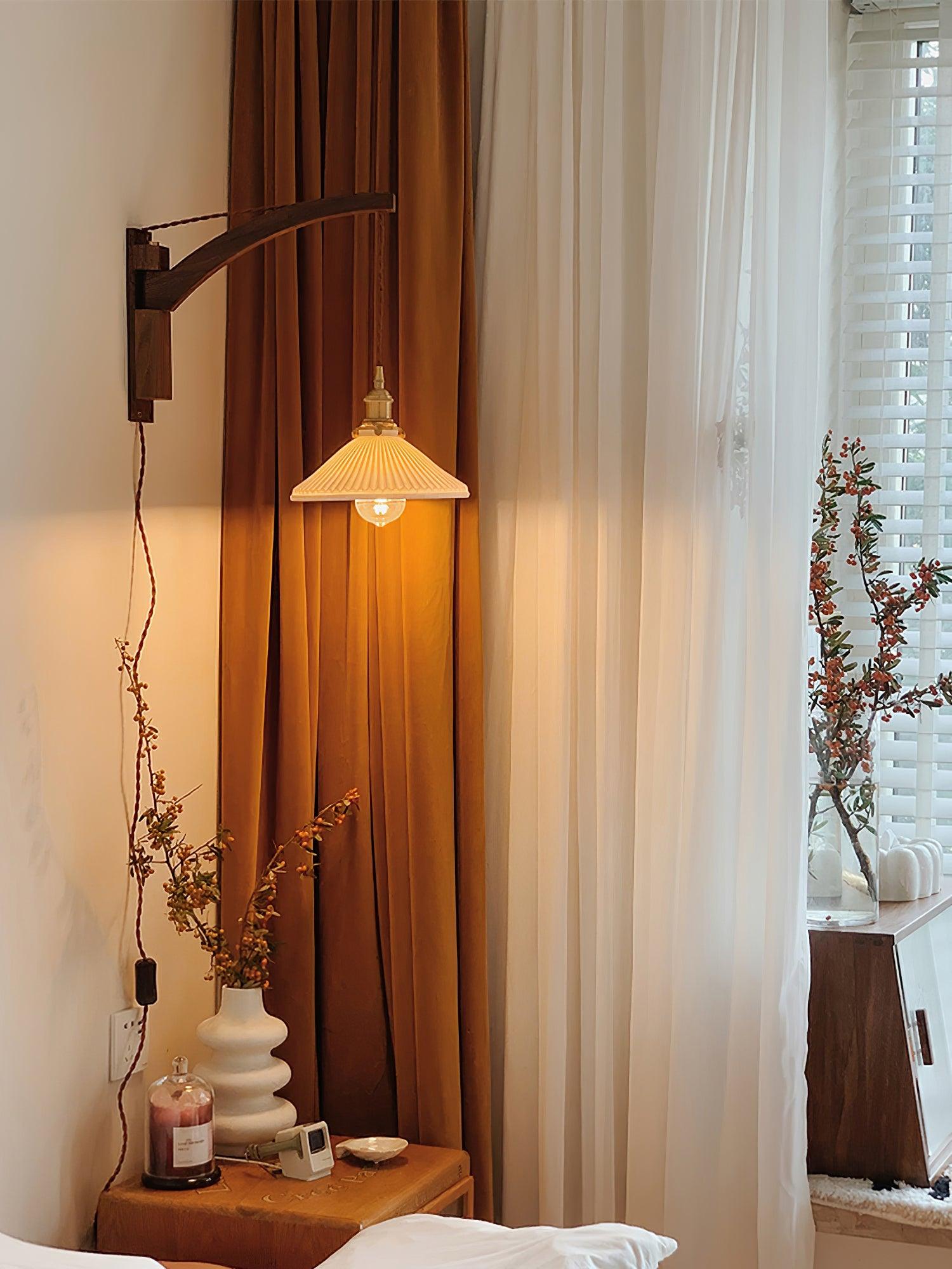 Walnut Swing Arm Wall Light | White Pleated Ceramic Shade | Adjustable Design