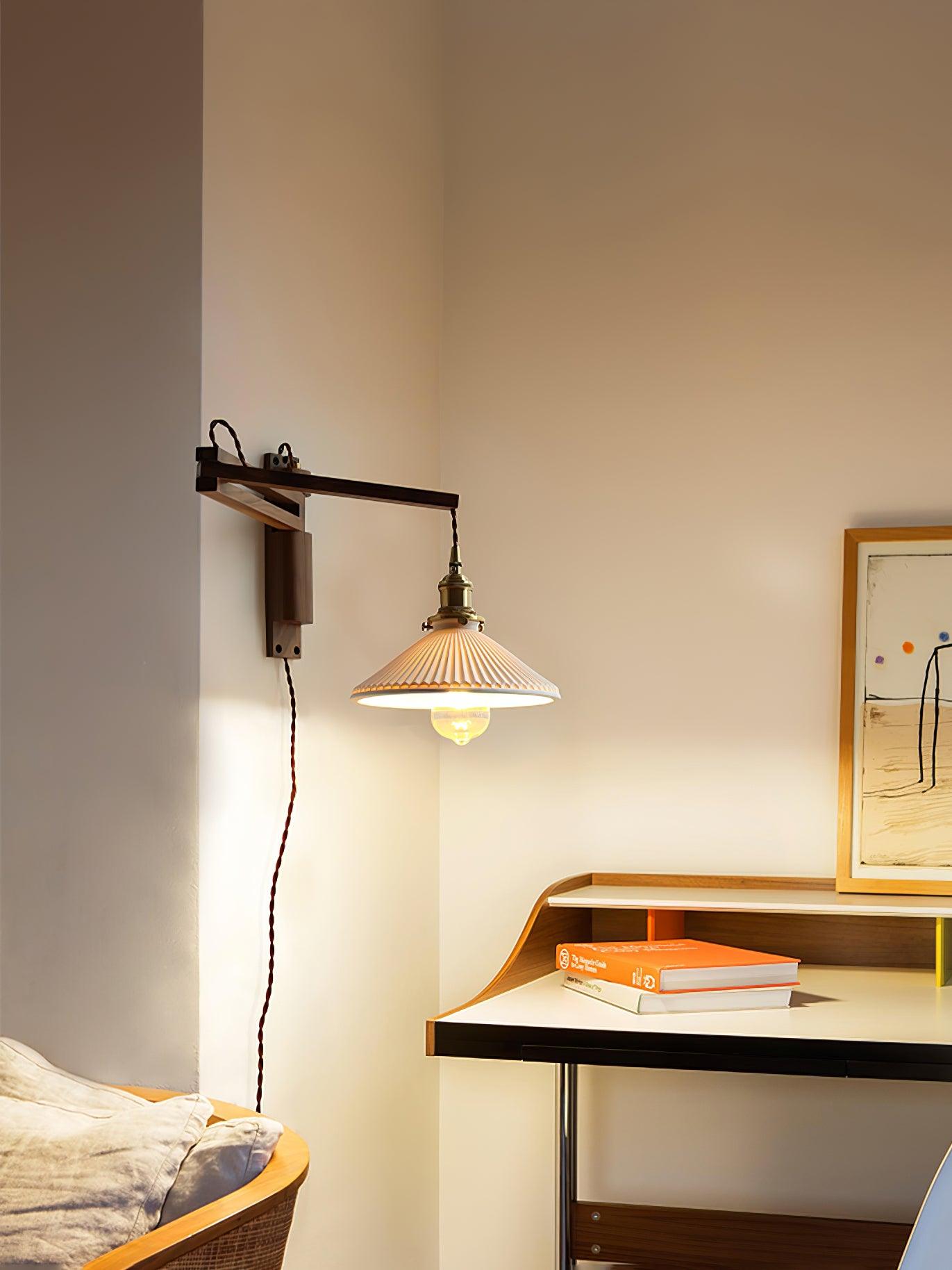 Walnut Swing Arm Wall Light | White Pleated Ceramic Shade | Adjustable Design
