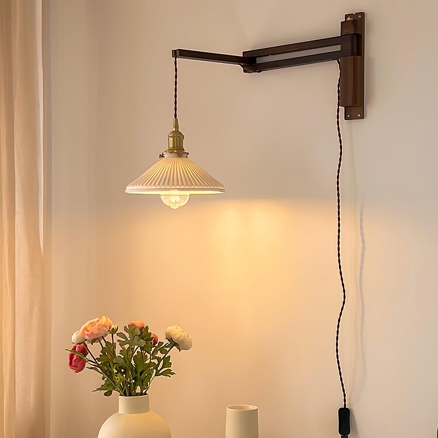 Walnut Swing Arm Wall Light | White Pleated Ceramic Shade | Adjustable Design