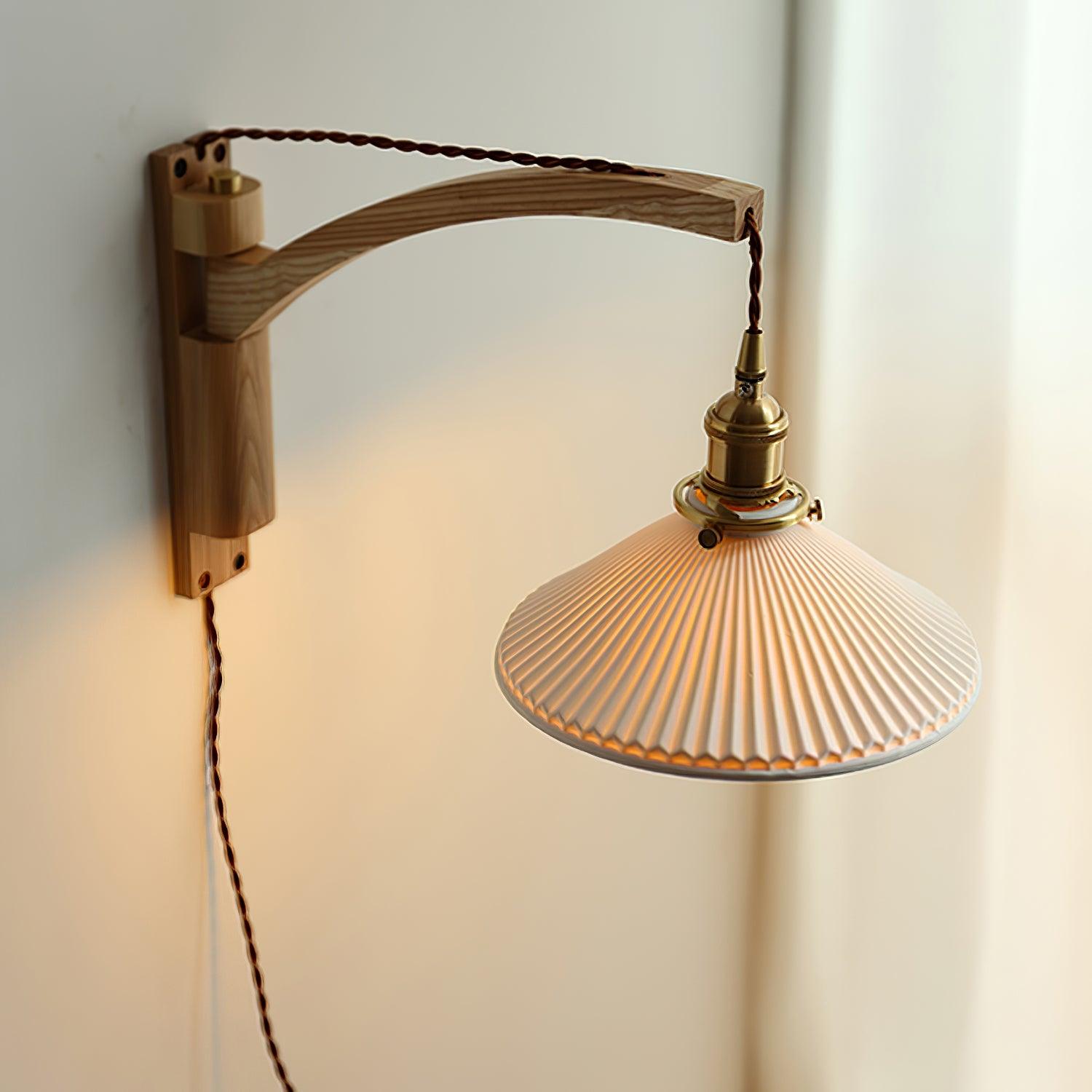Walnut Swing Arm Wall Light | White Pleated Ceramic Shade | Adjustable Design