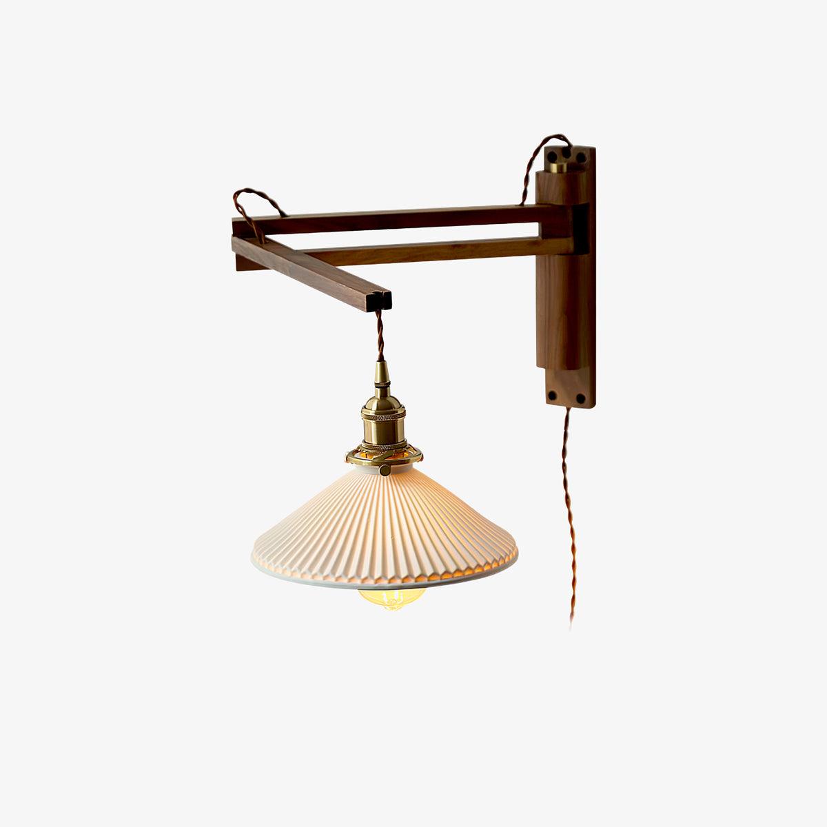 Walnut Swing Arm Wall Light | White Pleated Ceramic Shade | Adjustable Design