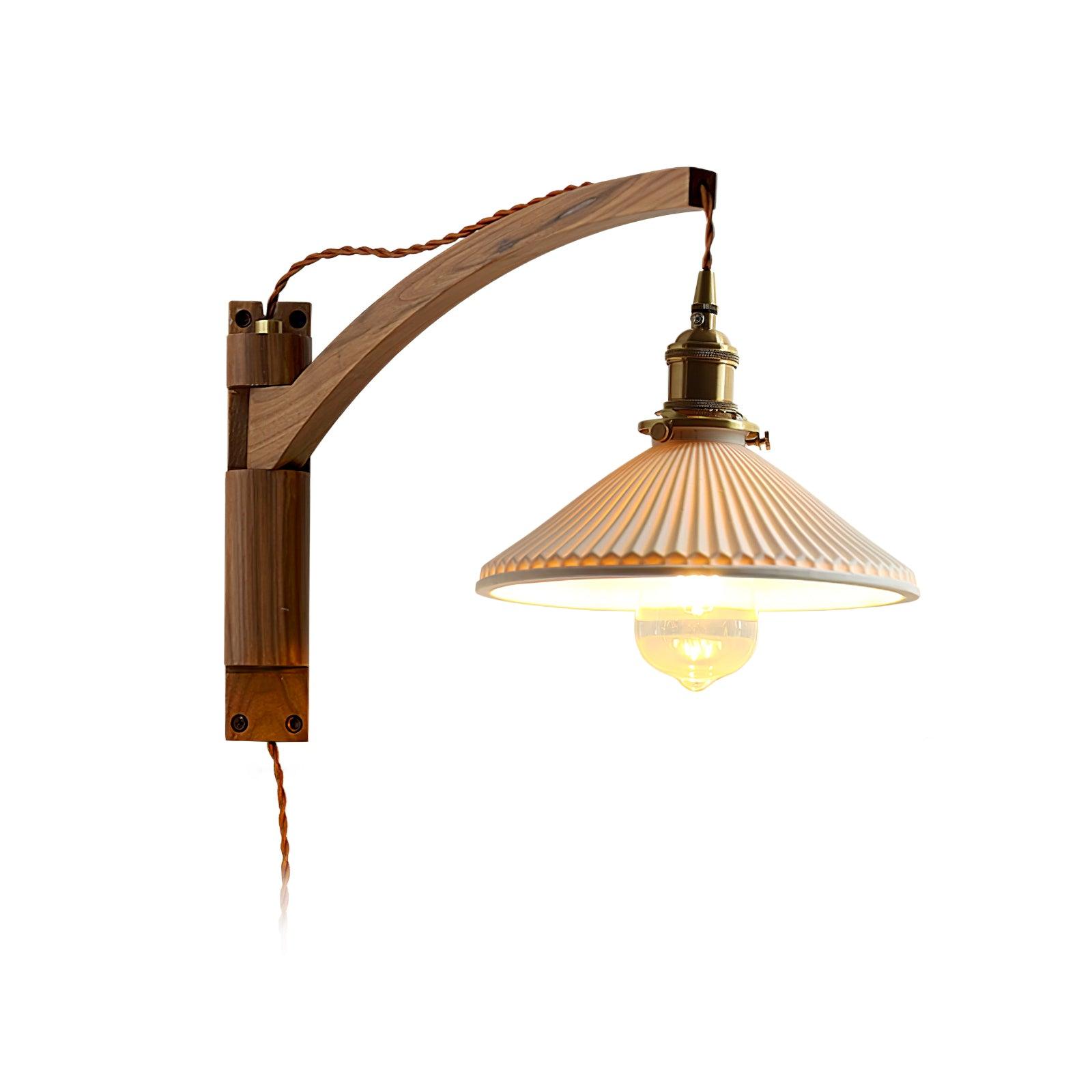 Walnut Swing Arm Wall Light | White Pleated Ceramic Shade | Adjustable Design