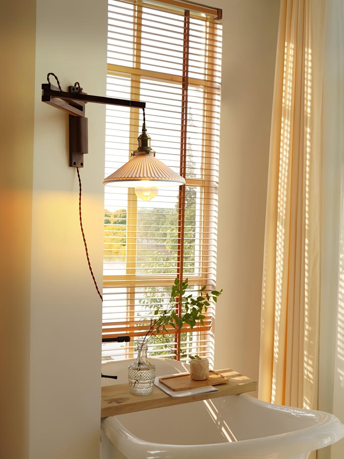 Walnut Swing Arm Wall Light | White Pleated Ceramic Shade | Adjustable Design