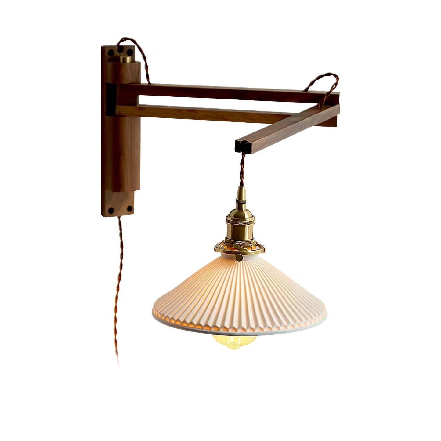 Walnut Swing Arm Wall Light | White Pleated Ceramic Shade | Adjustable Design