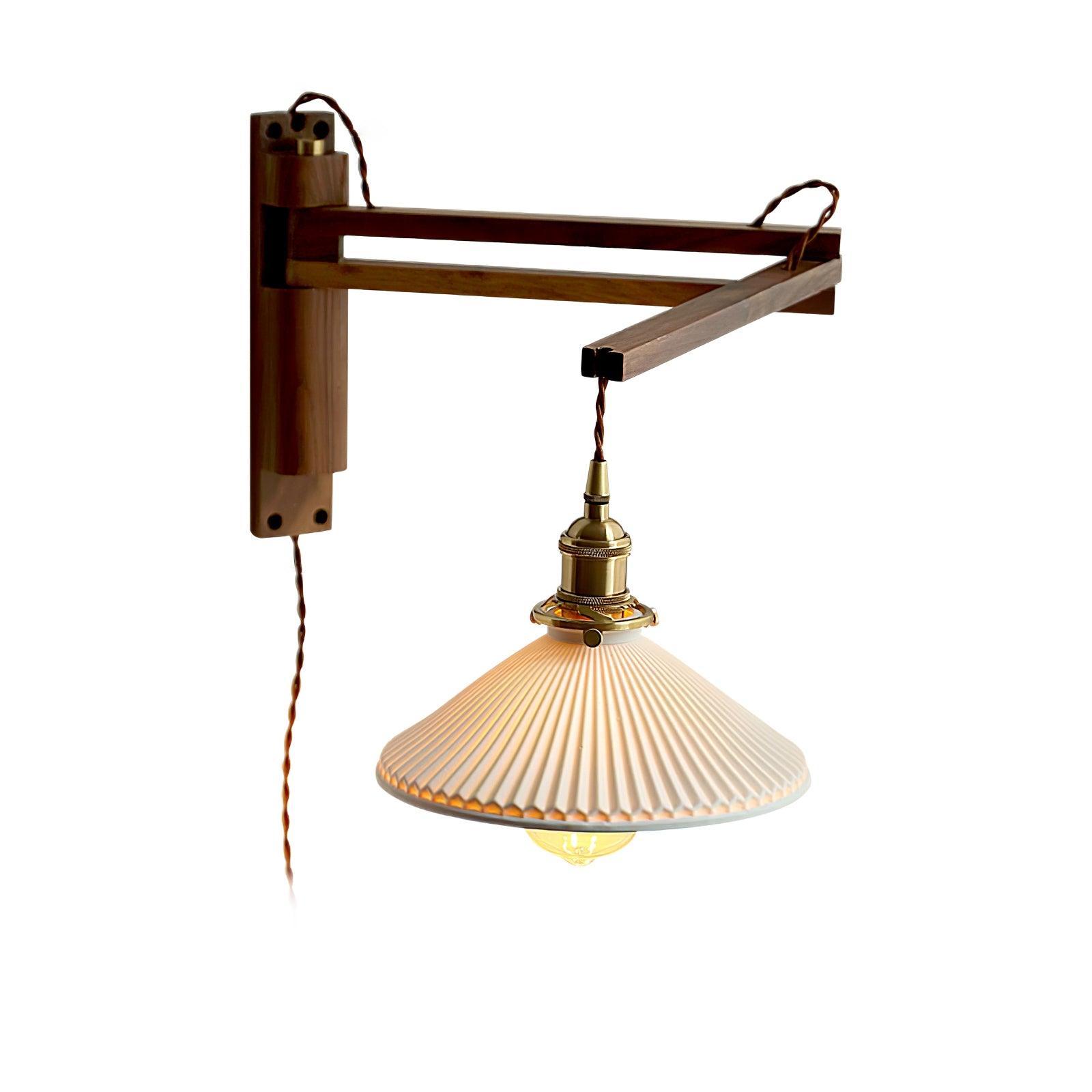 Walnut Swing Arm Wall Light | White Pleated Ceramic Shade | Adjustable Design