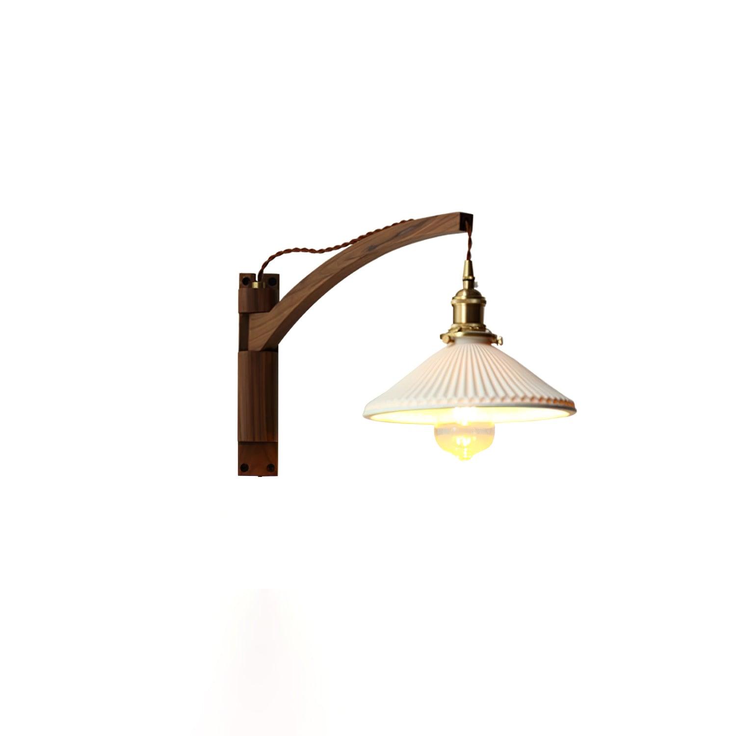 Walnut Swing Arm Wall Light | White Pleated Ceramic Shade | Adjustable Design