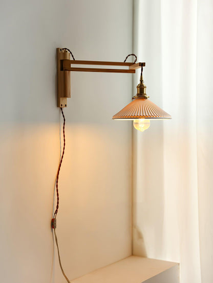 Walnut Swing Arm Wall Light | White Pleated Ceramic Shade | Adjustable Design
