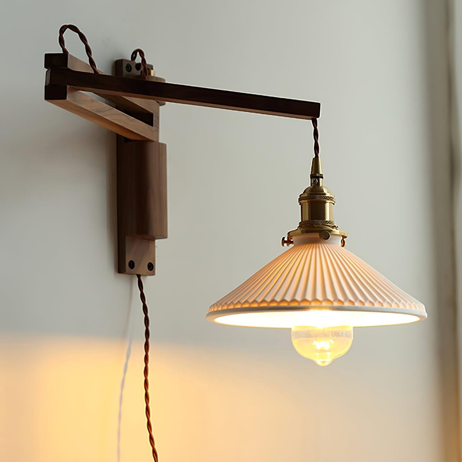 Walnut Swing Arm Wall Light | White Pleated Ceramic Shade | Adjustable Design