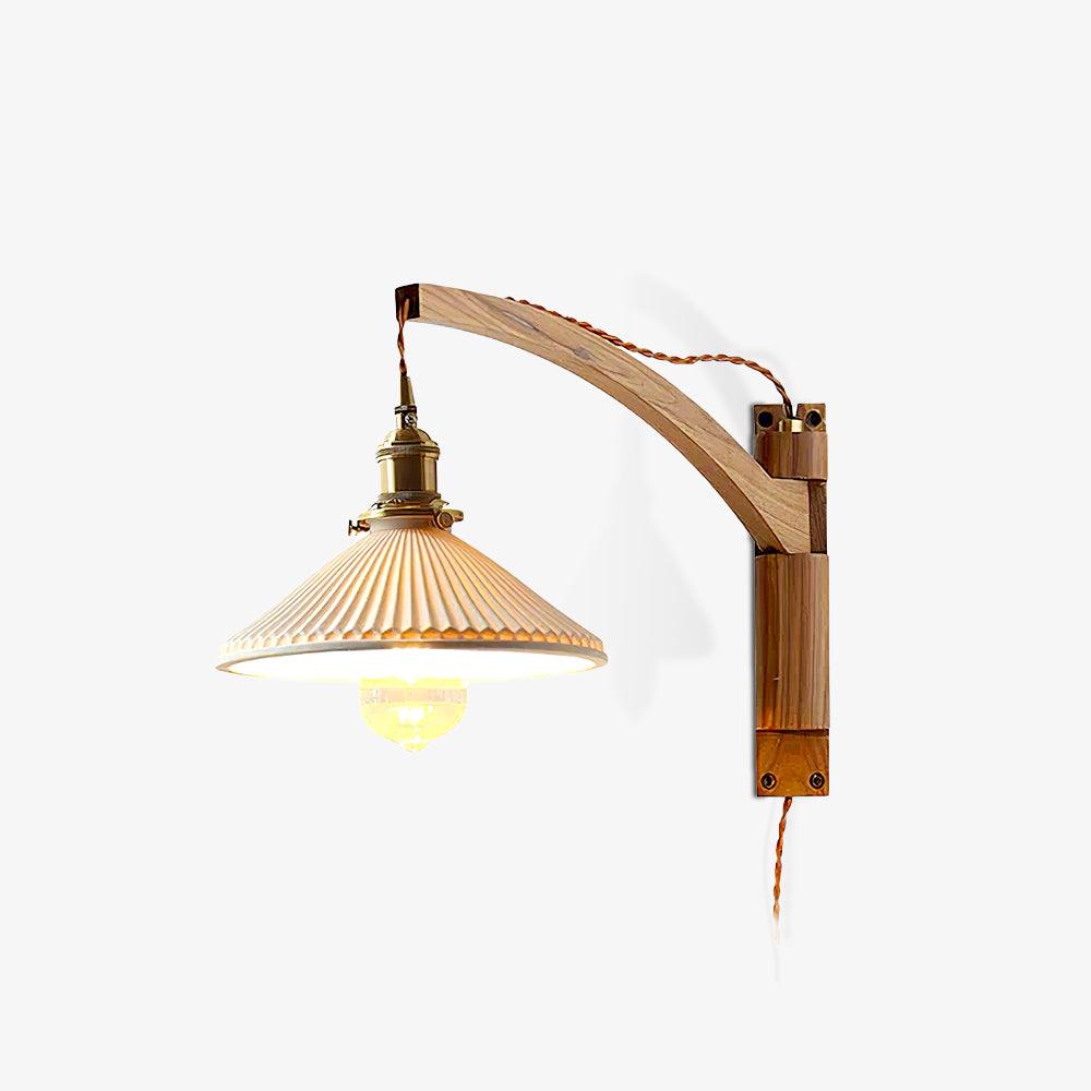 Walnut Swing Arm Wall Light | White Pleated Ceramic Shade | Adjustable Design