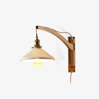 Walnut Swing Arm Wall Light | White Pleated Ceramic Shade | Adjustable Design