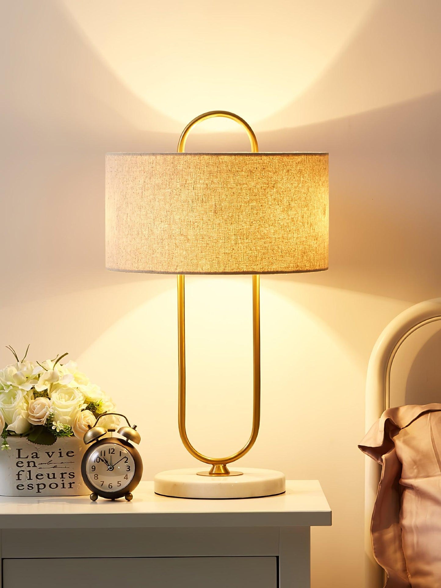 Warner Table Lamp | Brushed Gold Metal | White Linen Shade