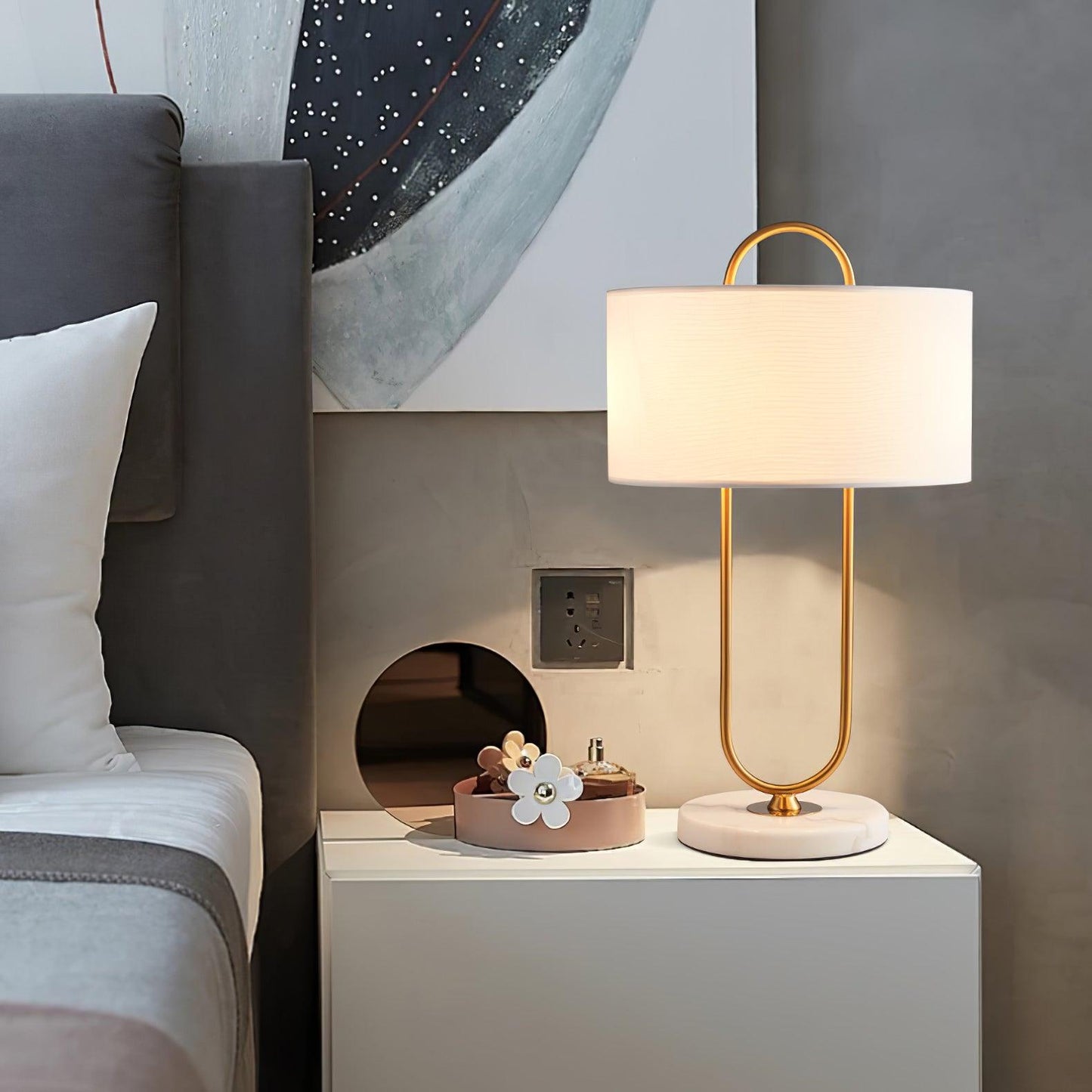 Warner Table Lamp | Brushed Gold Metal | White Linen Shade