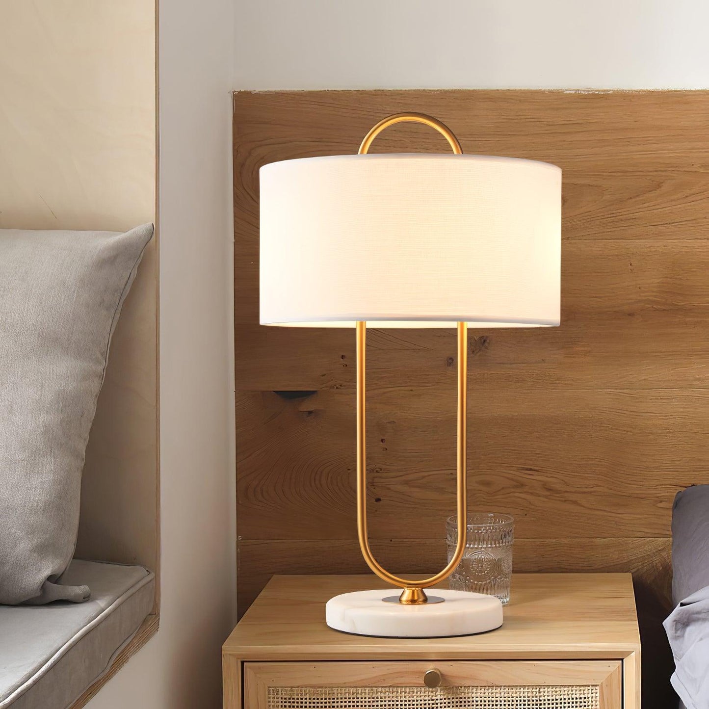 Warner Table Lamp | Brushed Gold Metal | White Linen Shade
