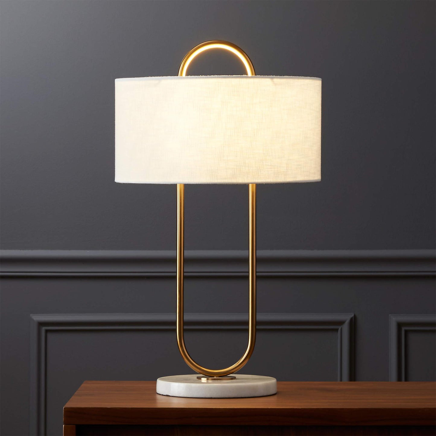 Warner Table Lamp | Brushed Gold Metal | White Linen Shade